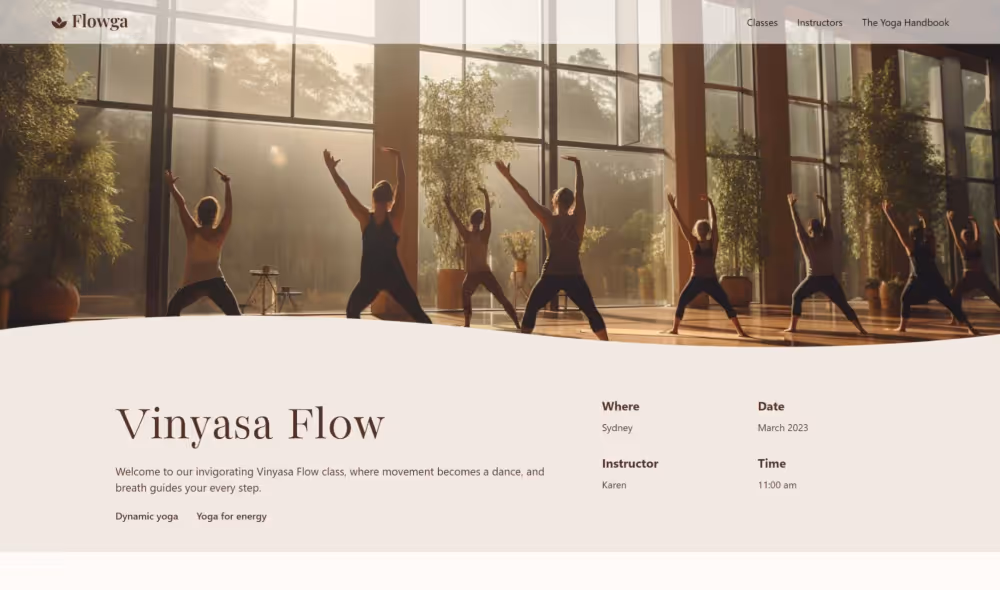 Vinyasa Flow yoga class in a sunlit studio – Webflow website layout for Flowga project