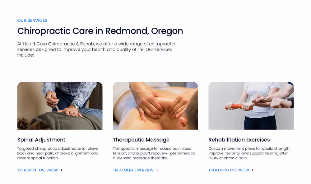 HealthCore Chiropractic & Rehab services page — chiropractic and rehab offerings in Redmond, Oregon.