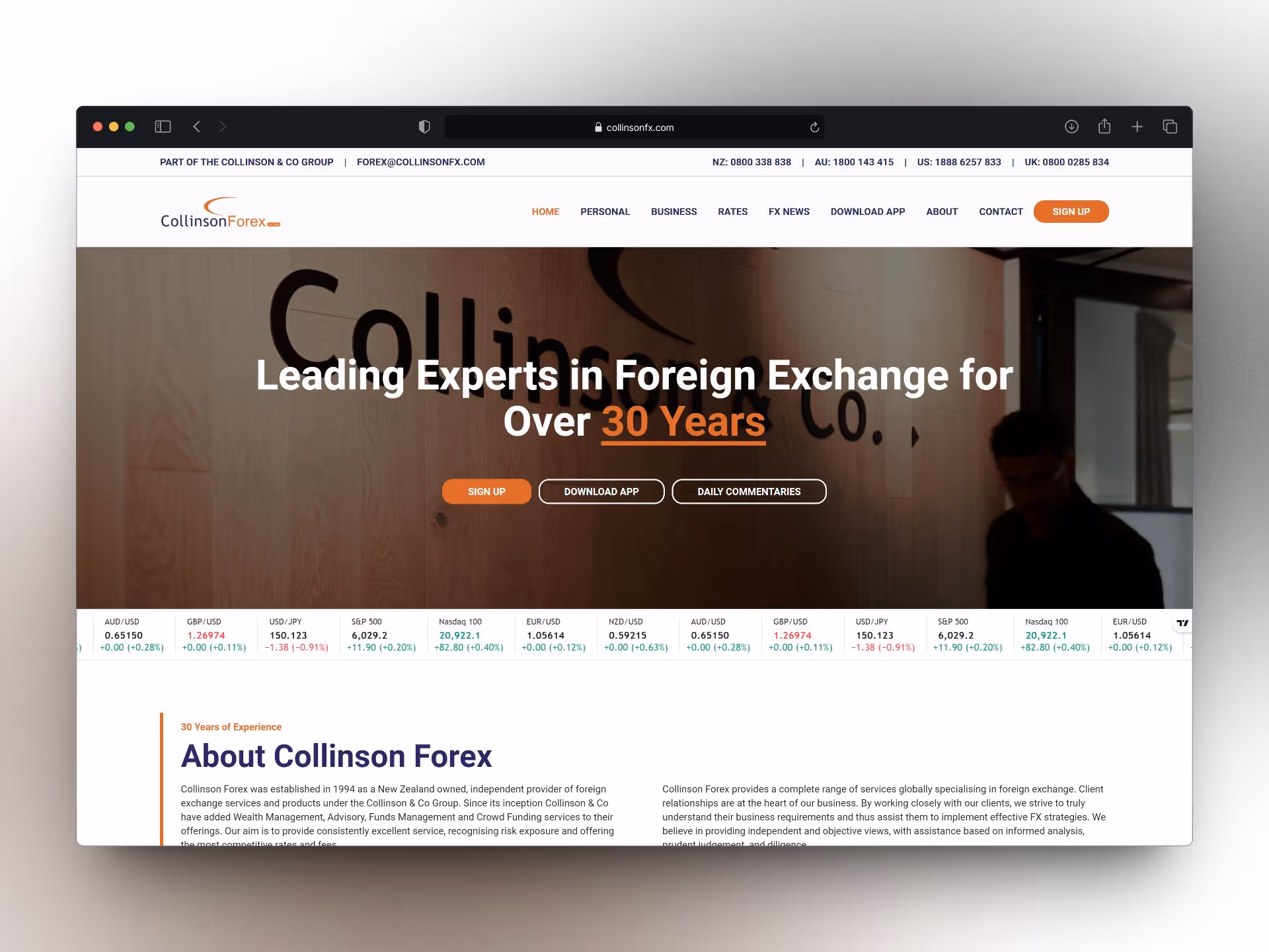 A screenshot of the Collinson Forex website.