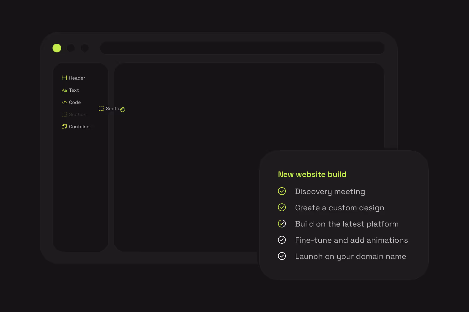 A browser view of a website design builder with a blank project and a new website build checklist in progress of being completed - made by Sidebar.