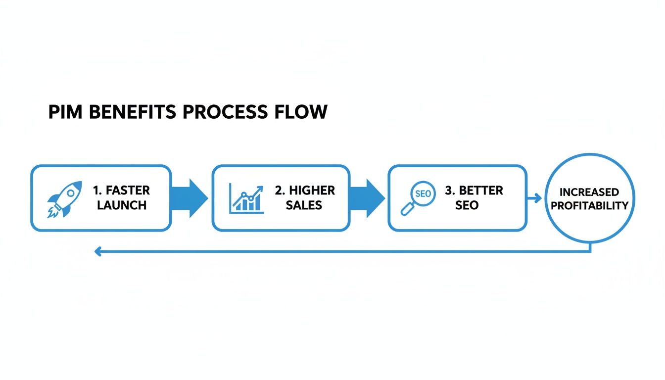 PIM benefits process flow: faster launch, higher sales, better SEO, leading to increased profitability.