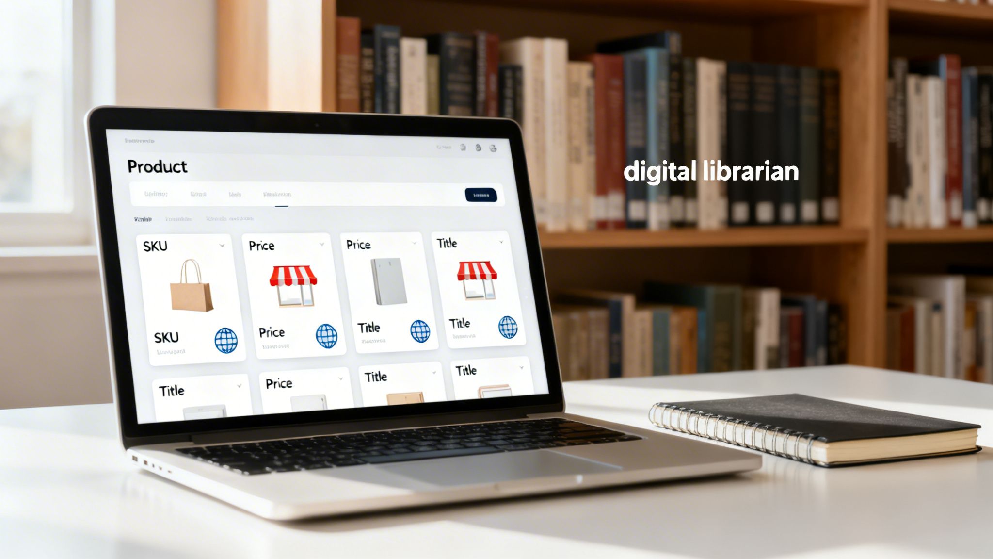 A laptop screen displays a digital product catalog with SKU, price, and title fields in a library setting.