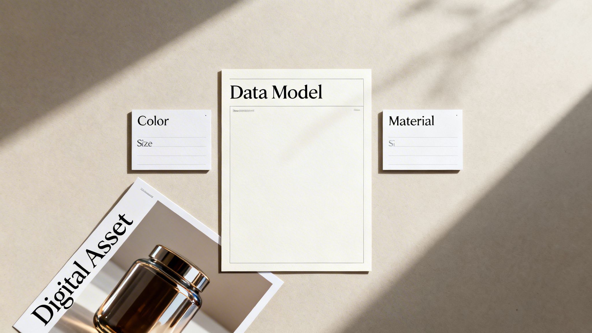 A minimalist flat lay showcasing documents titled 'Data Model,' 'Color,' 'Material,' and 'Digital Asset' on a light surface.