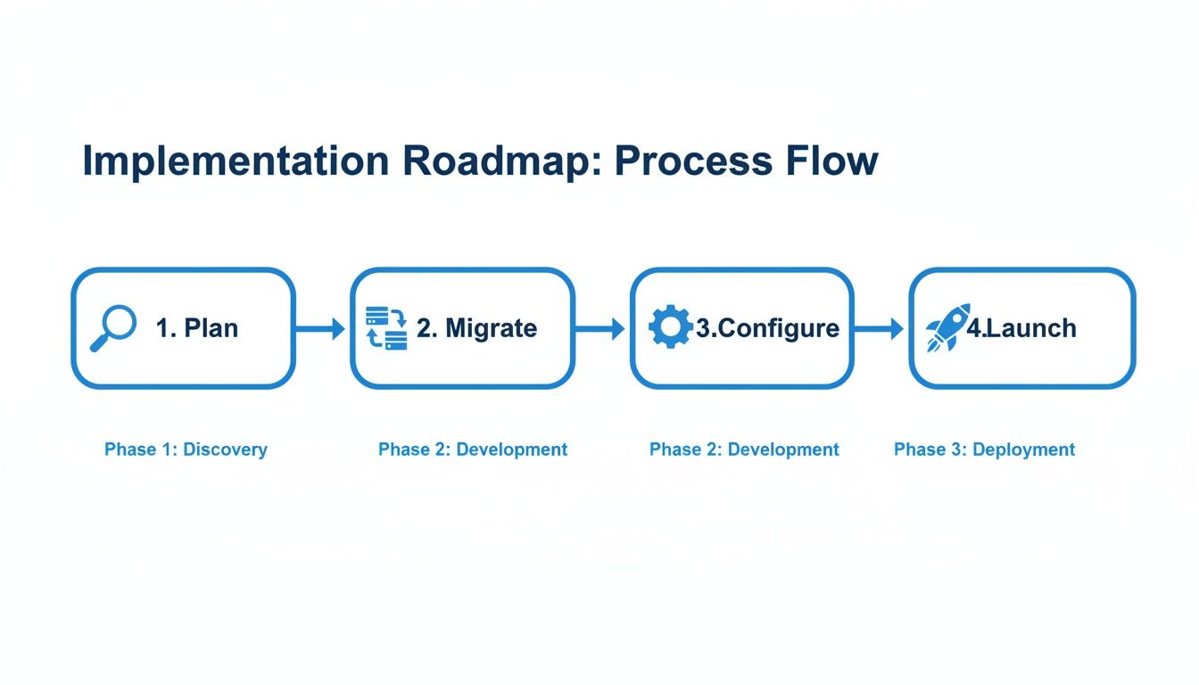 An implementation roadmap process flow with four steps: Plan, Migrate, Configure, and Launch.