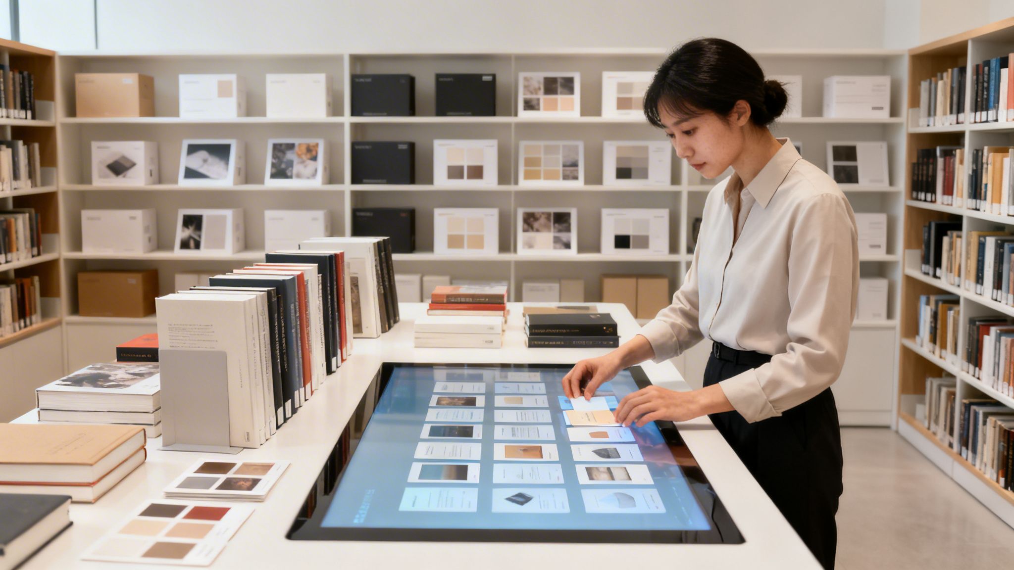 A young woman uses an interactive touchscreen table to browse product catalogs in a modern showroom.