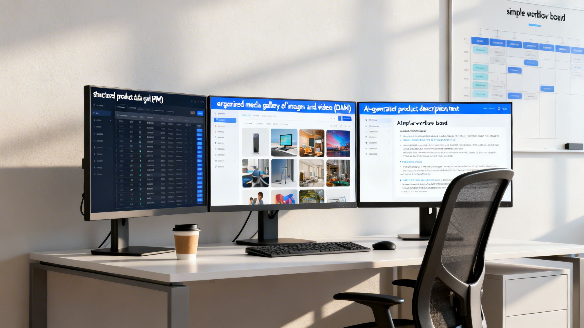 Triple monitor setup displaying product data, media gallery, and AI-generated descriptions for catalog management.