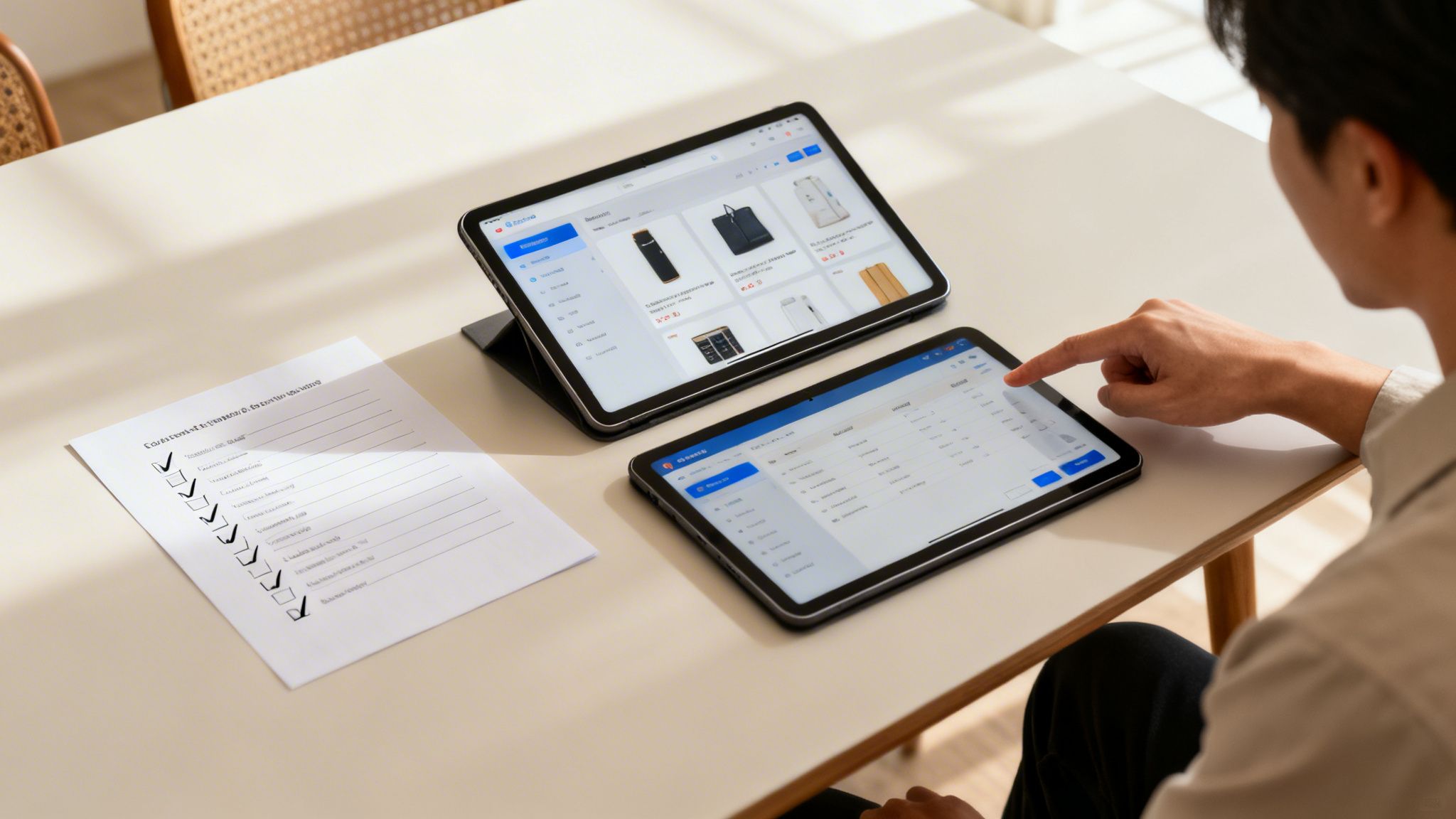A person uses two tablets to manage a product catalog and review a checklist.