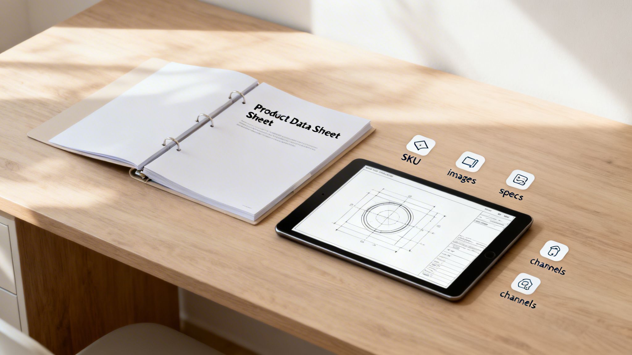 Product data sheet binder and tablet with a technical drawing on a wooden desk, surrounded by data icons.