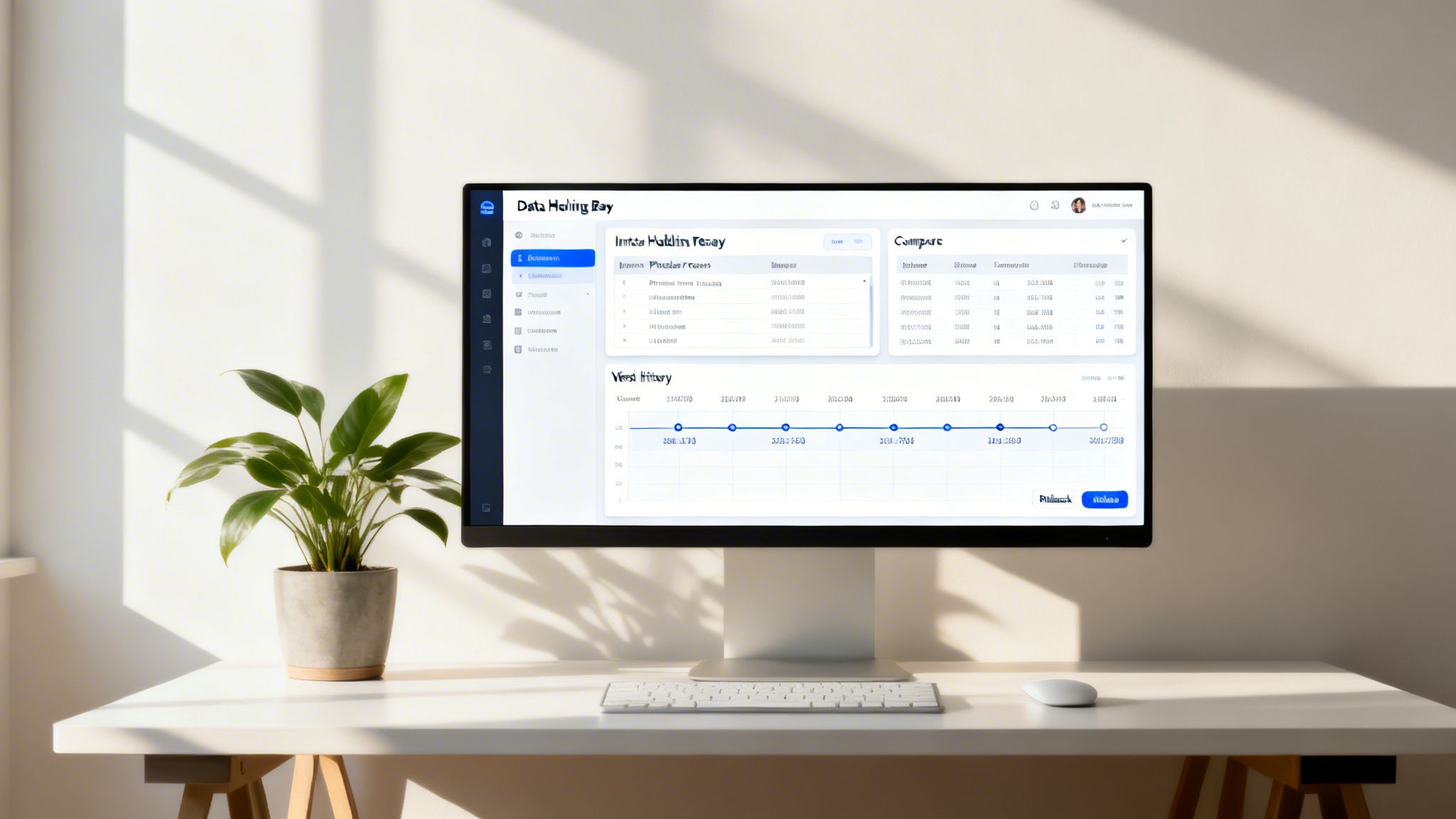 A clean white desk with a computer monitor displaying a data analytics dashboard, a plant, keyboard, and mouse.