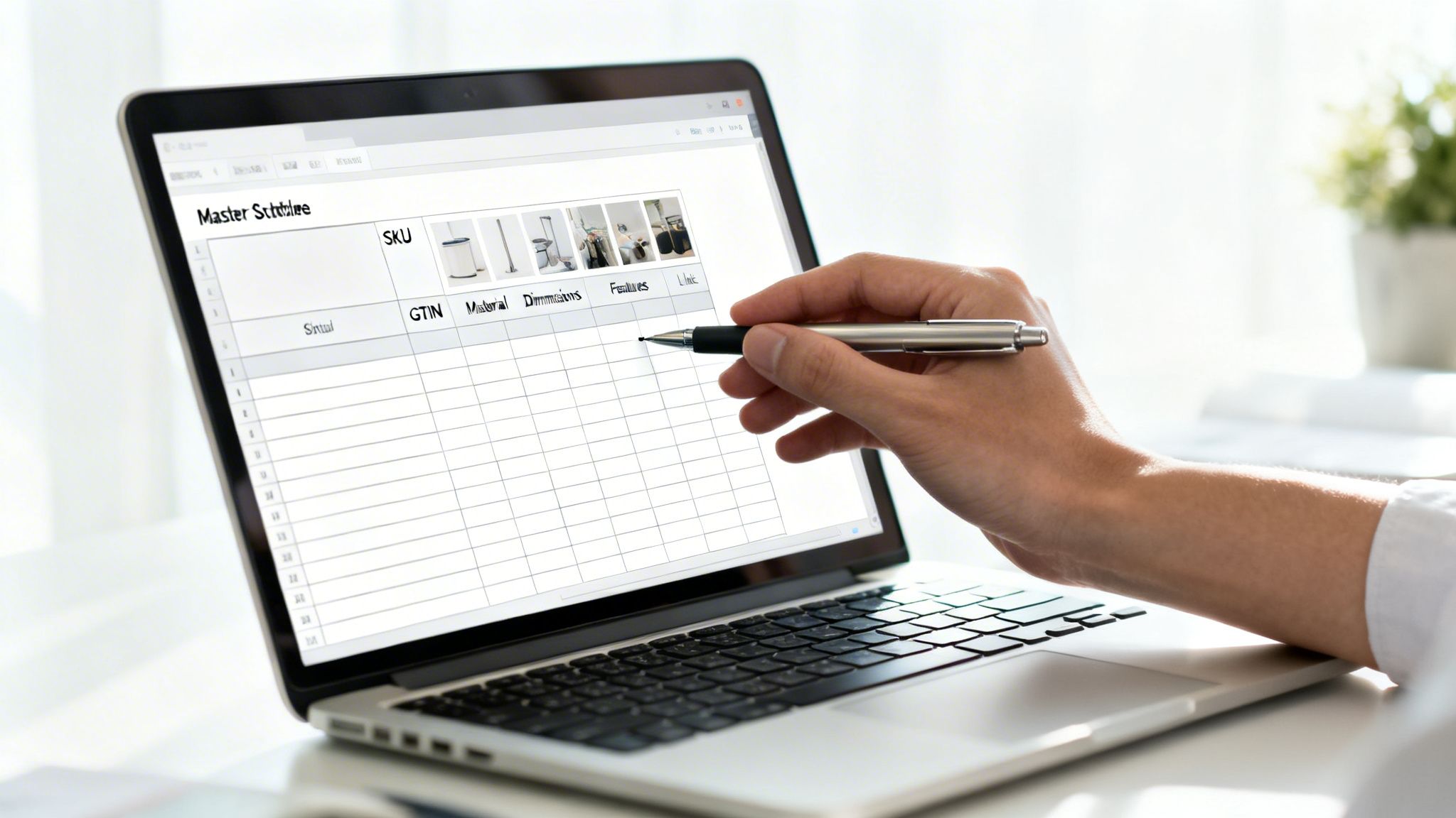 A hand uses a stylus on a laptop screen displaying a product data sheet with inventory details.