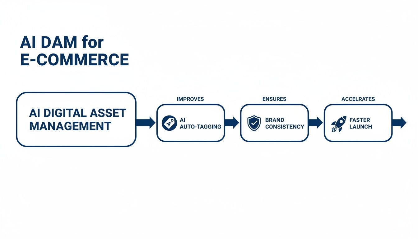Flowchart illustrating how AI Digital Asset Management improves auto-tagging, ensures brand consistency, and accelerates e-commerce launches.