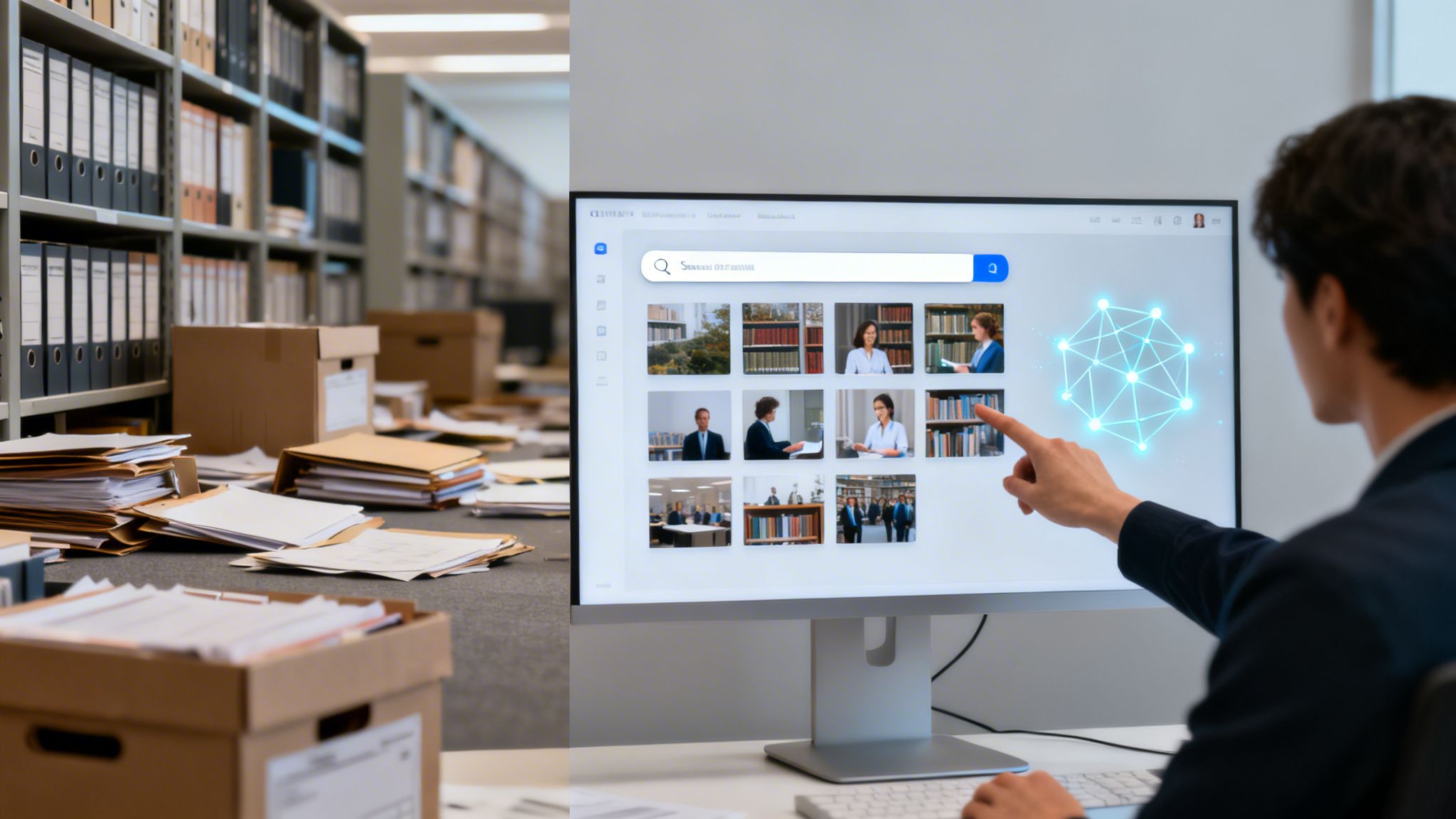 Cluttered archive room contrasted with a person using a digital asset management system with AI search results.