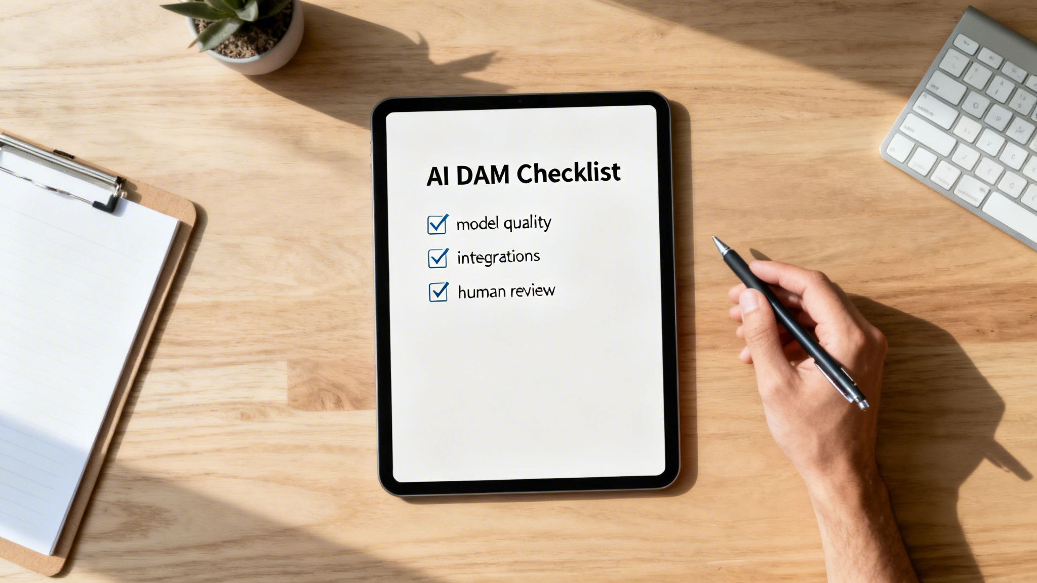 A tablet on a wooden desk displays an 'AI DAM Checklist' with checked items, next to a hand with a pen.