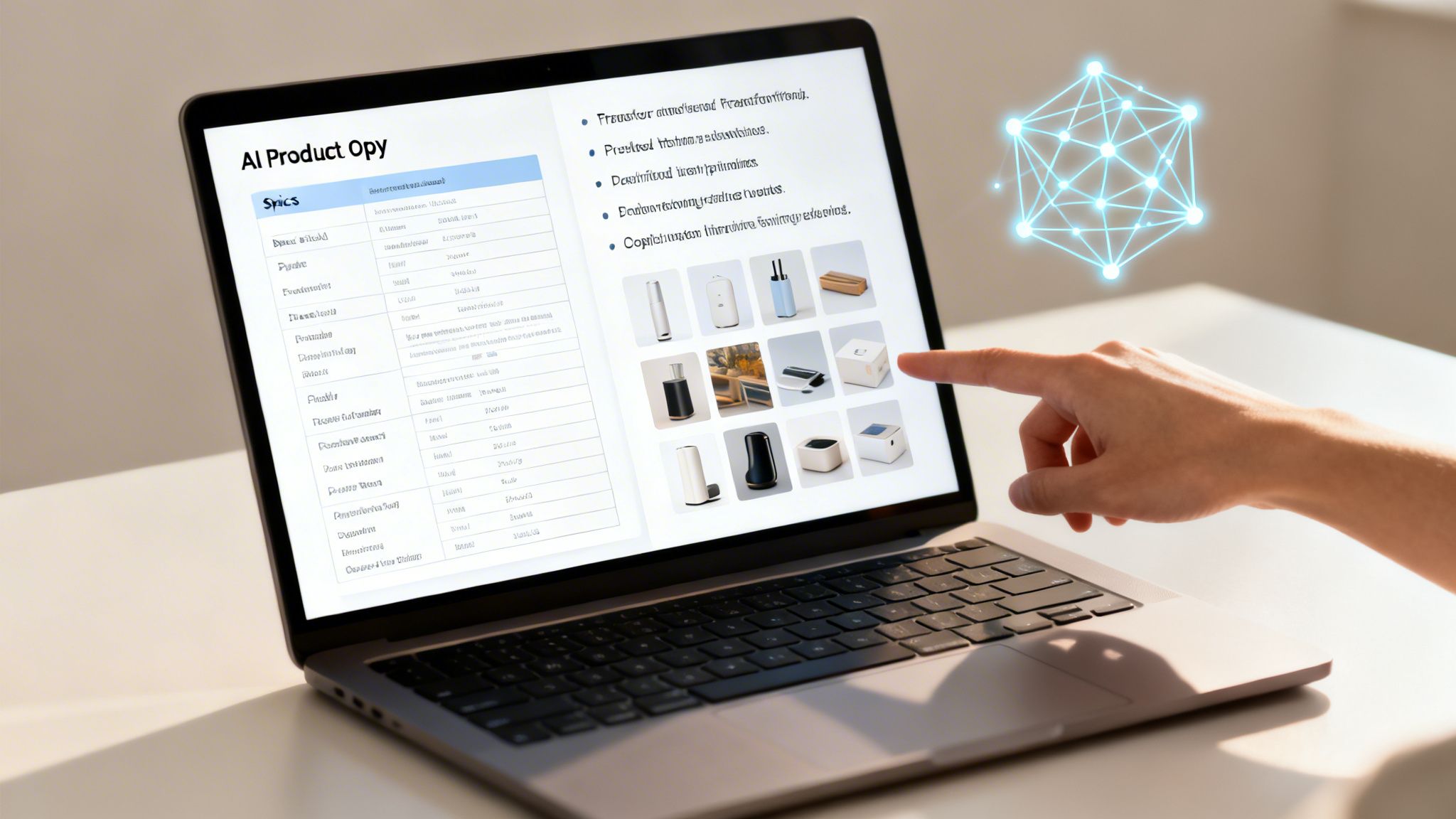Hand pointing at AI product options on a laptop screen, with a digital network graphic.
