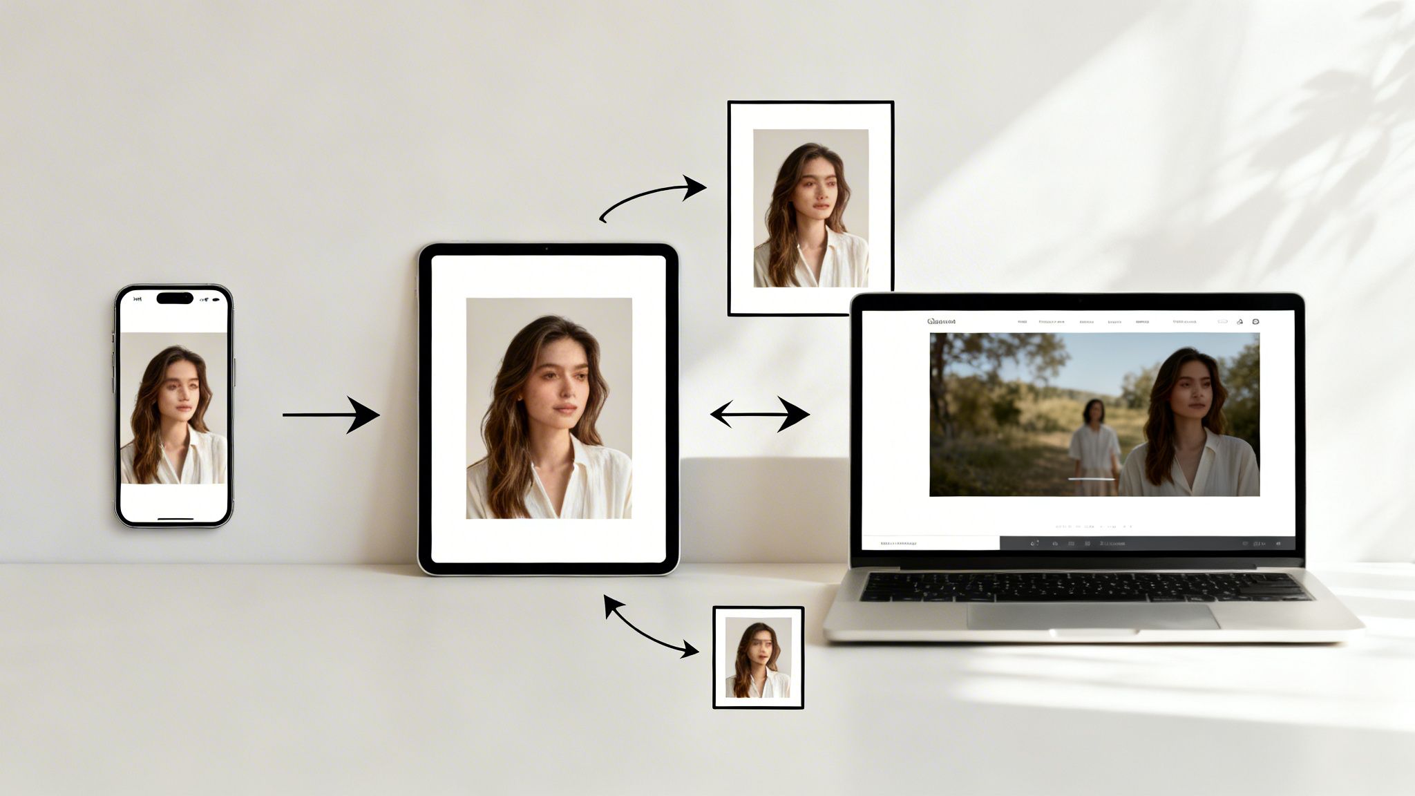 Digital assets on phone, tablet, laptop, and framed prints, showing content adaptation across devices.