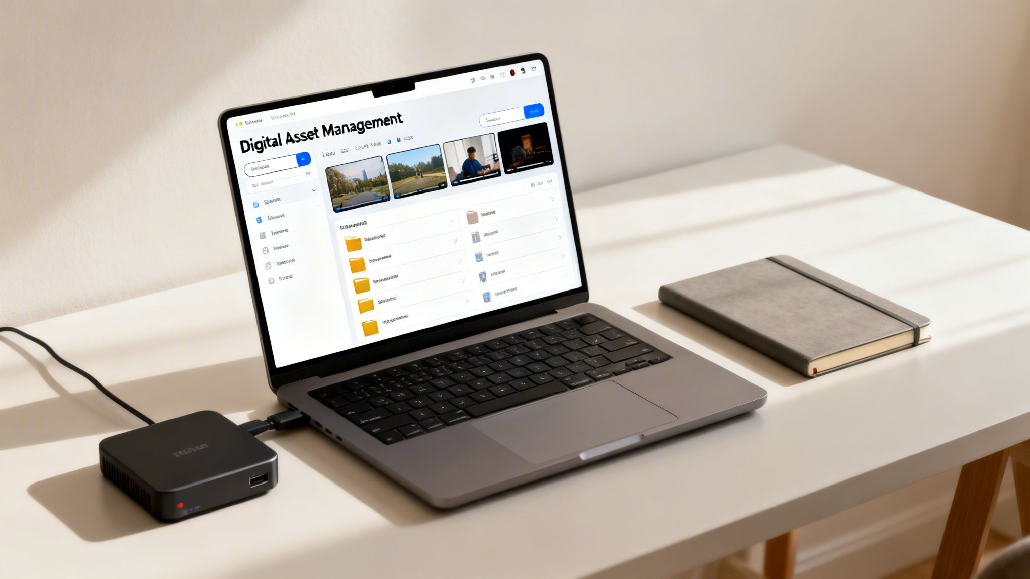 A modern laptop on a white desk displaying a digital asset management system, connected to a hub.