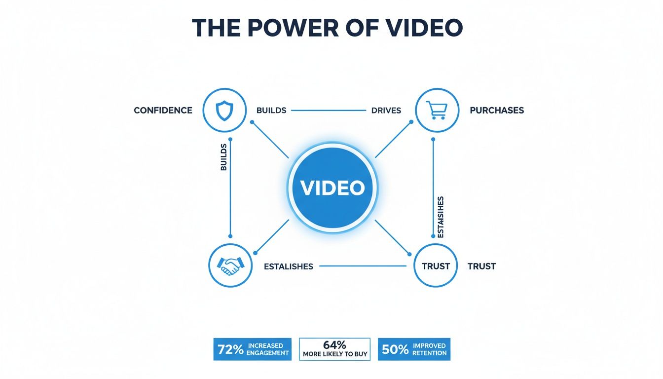 Diagram about video power: builds confidence, drives purchases, establishes trust, increases engagement, and key statistics.