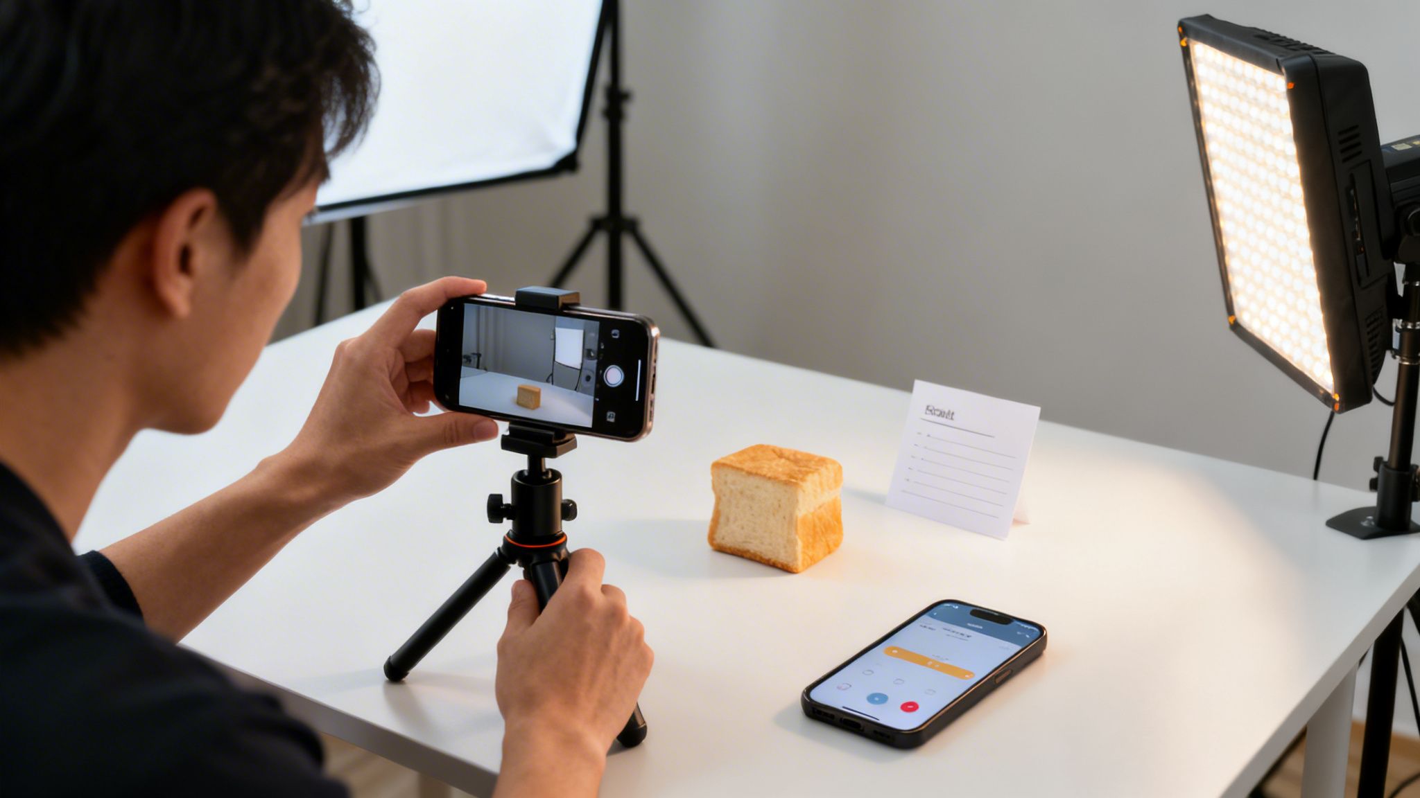 A person films a piece of bread on a white table with a smartphone, tripod, and studio lighting.