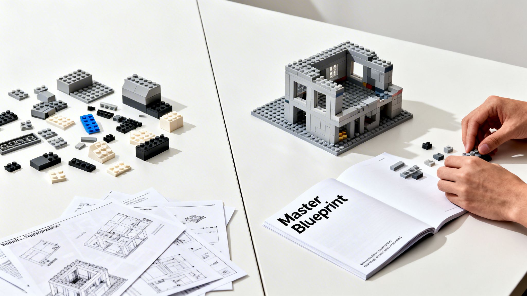 A person's hands are meticulously building a gray Lego house model on a white table, with loose bricks and blueprints nearby.