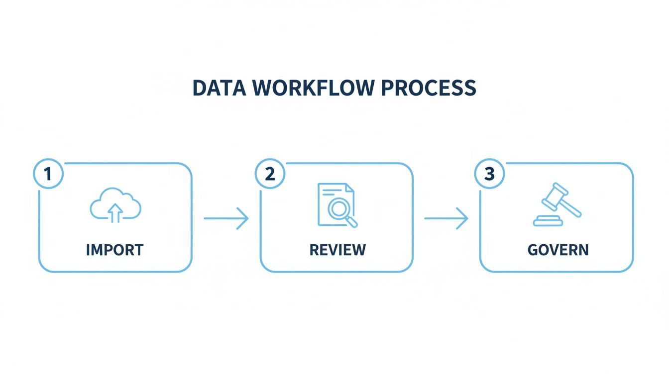 A three-step data workflow process diagram showing import, review, and govern stages.