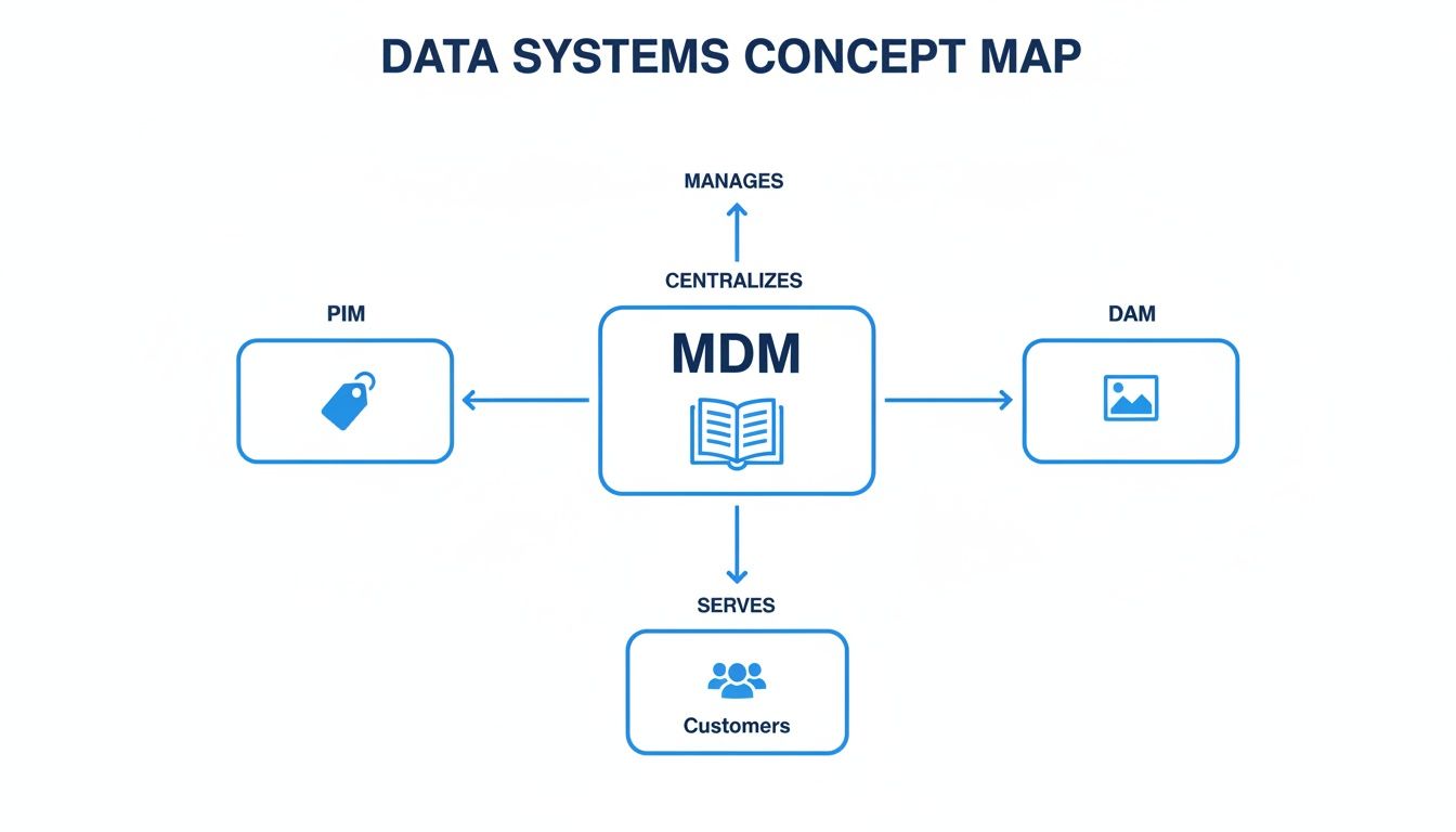 Concept map illustrating Master Data Management (MDM) centralizing PIM and DAM, managing data, and serving customers.