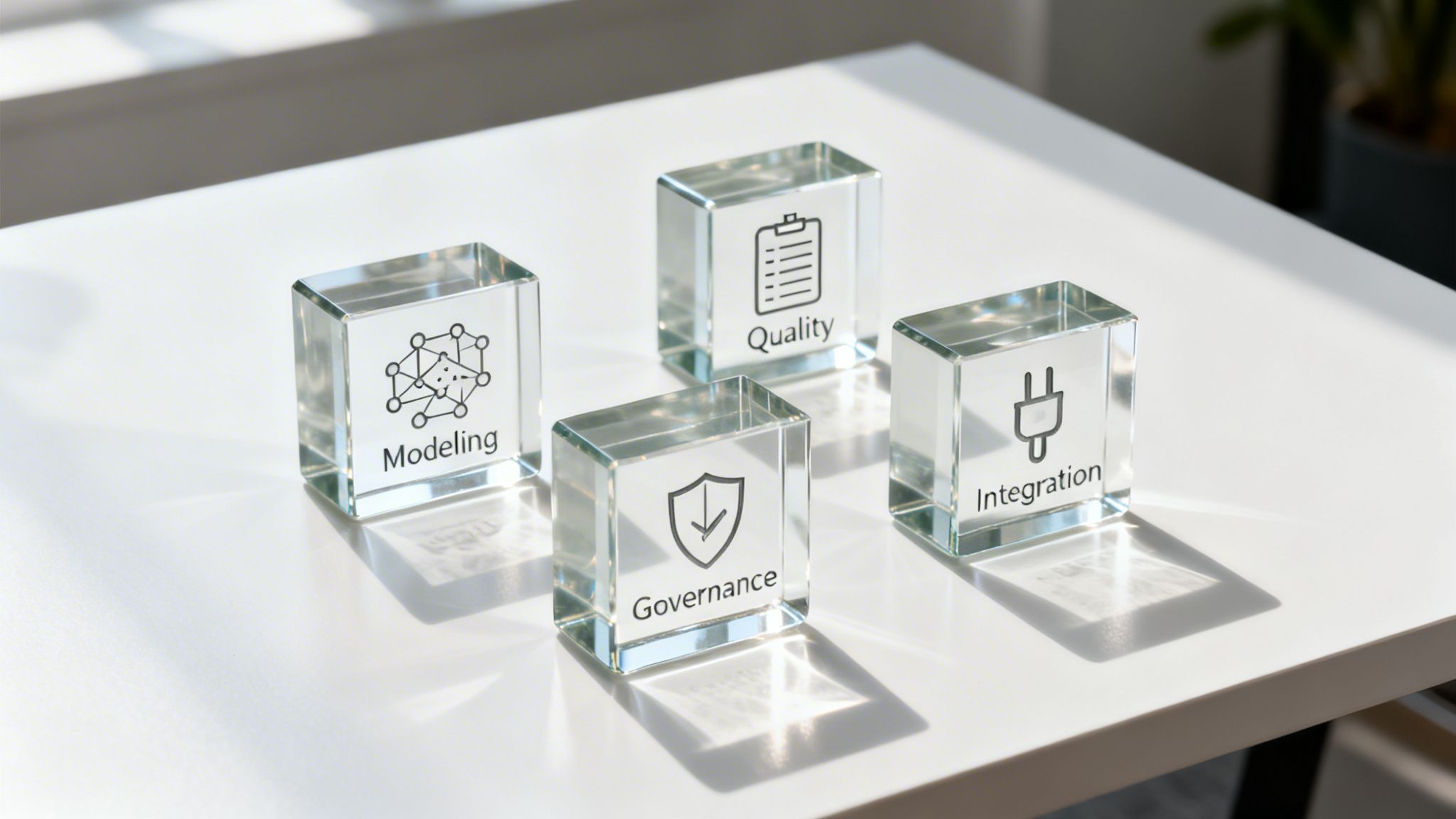 Four glass blocks on a white table representing Modeling, Quality, Governance, and Integration concepts.
