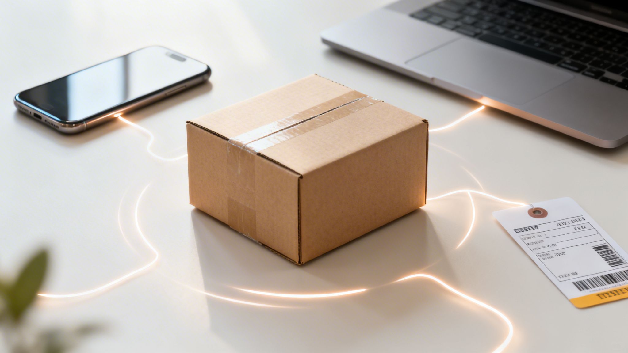 A cardboard box connected to a smartphone, laptop, and shipping tag by glowing lines, symbolizing data flow.
