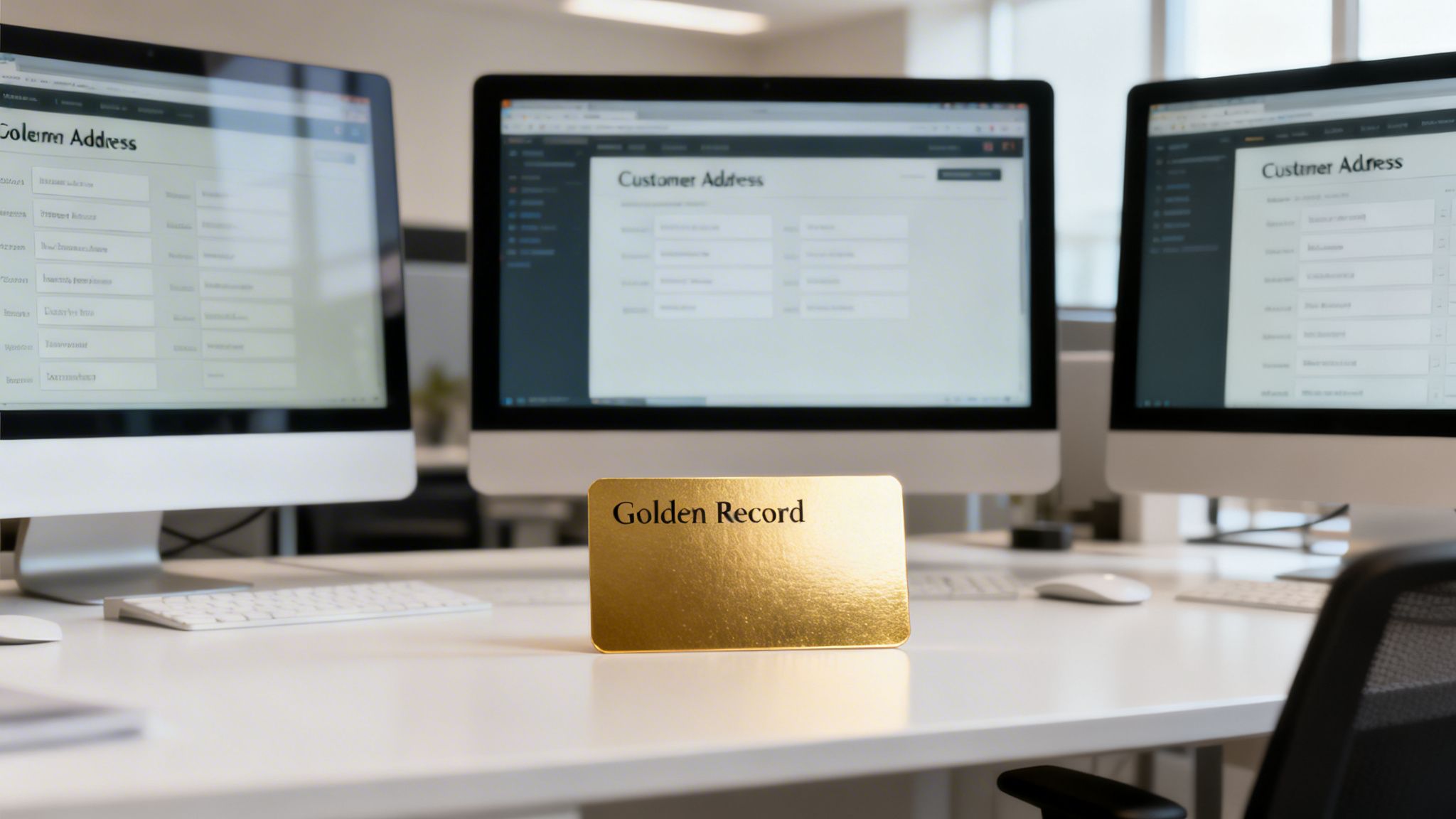 A 'Golden Record' plaque sits on a desk in front of three monitors displaying customer address data.