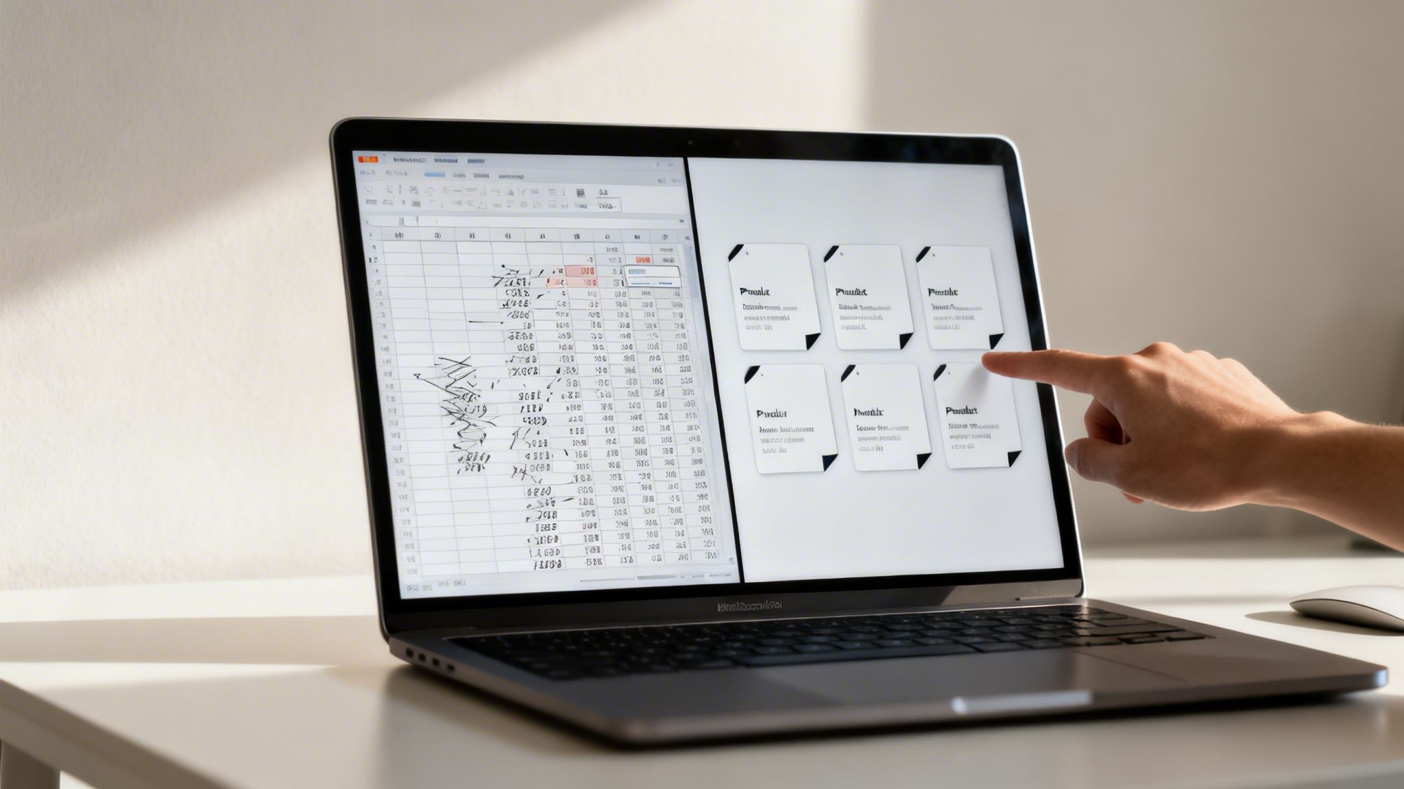 A person's hand points at a laptop screen displaying a spreadsheet and digital cards.