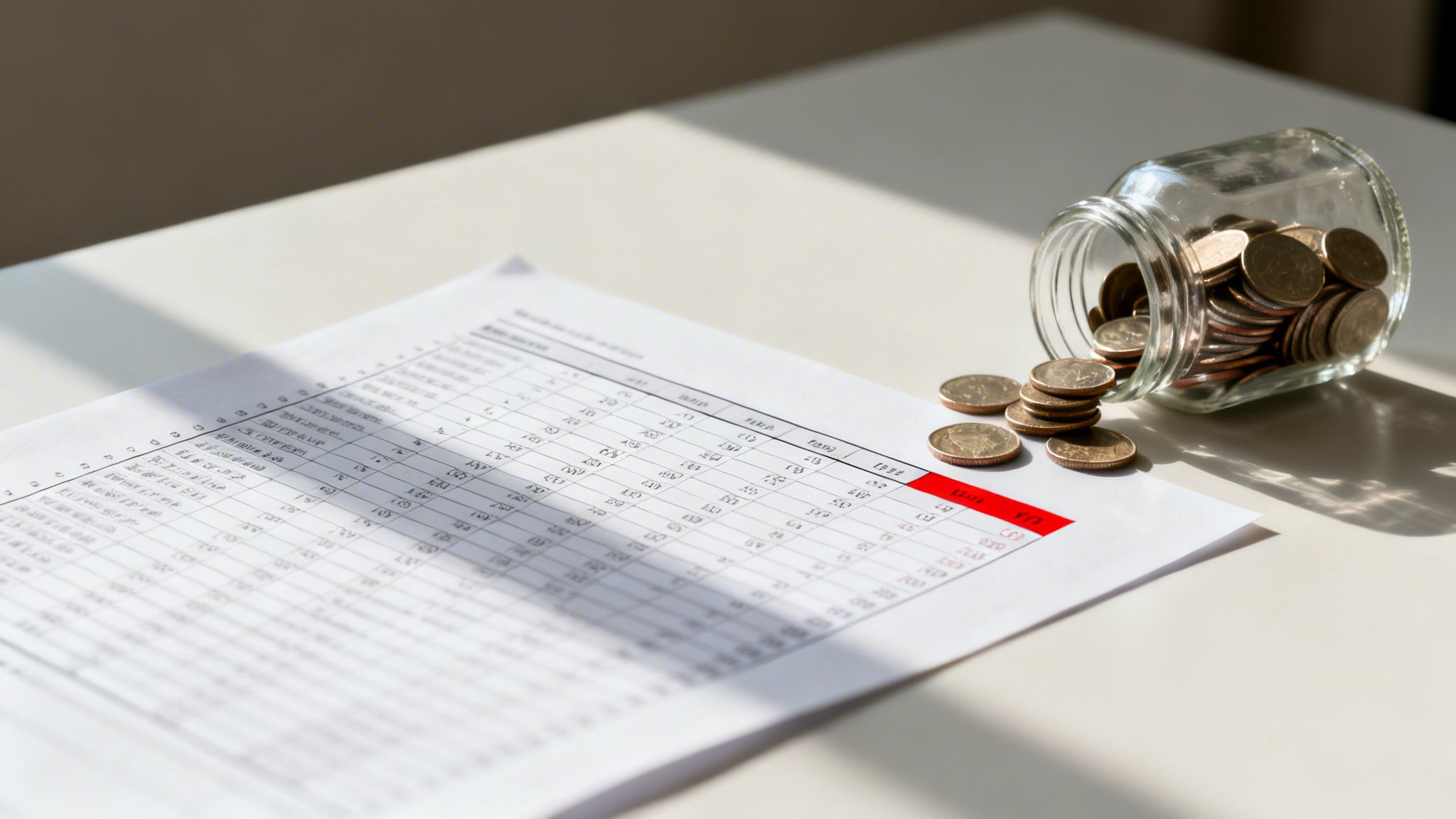Coins spilling from a glass jar onto a white desk next to a financial document, under sunlight.