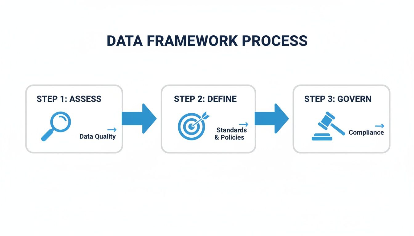 A data framework process infographic showing three steps: Assess data quality, Define standards and policies, and Govern compliance.