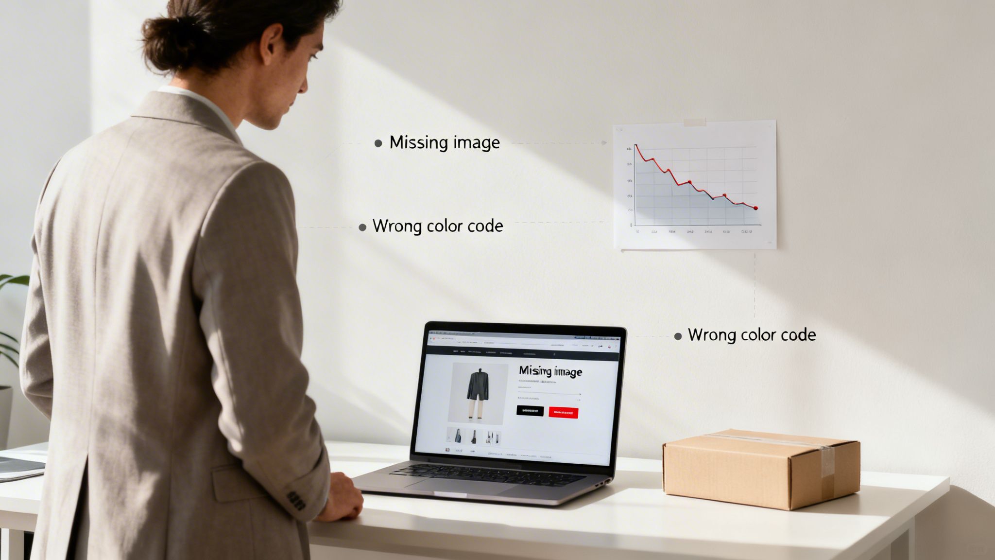 A man analyzes data quality errors on a laptop, including missing images and wrong color codes.