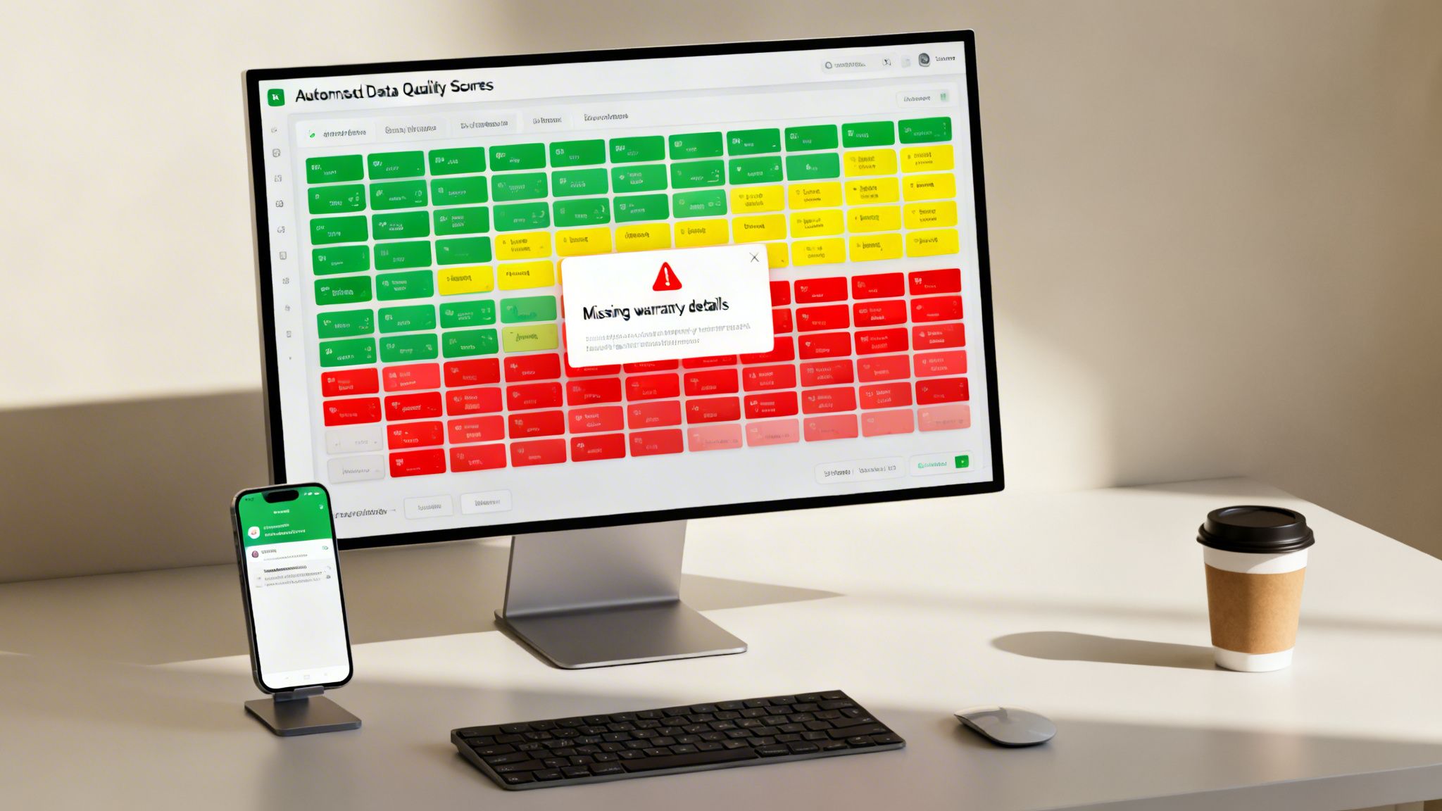 A computer monitor displays a data quality dashboard with color-coded scores and a 'Missing warranty details' pop-up on a modern desk.