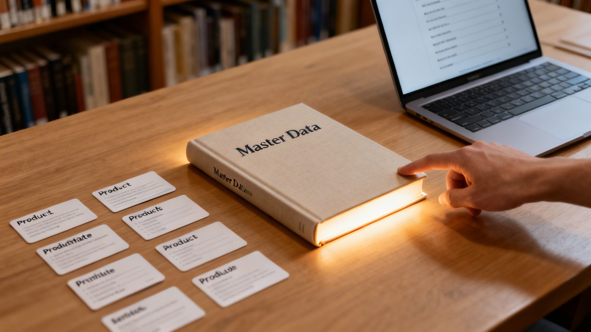 A hand touches a glowing 'Master Data' book on a wooden desk with data cards and a laptop, in a library.