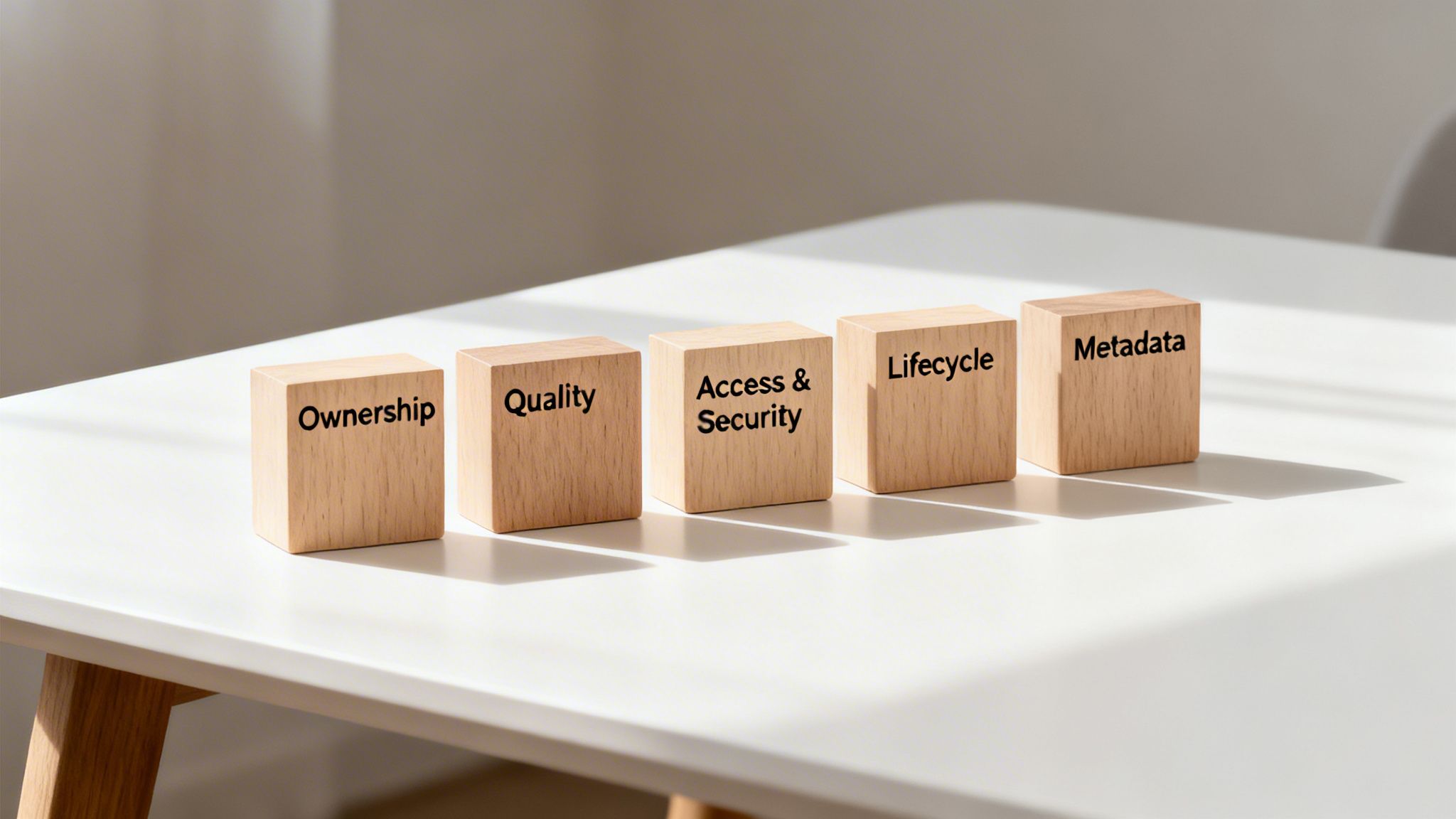 Five wooden blocks on a white table displaying data governance concepts: Ownership, Quality, Access & Security, Lifecycle, Metadata.