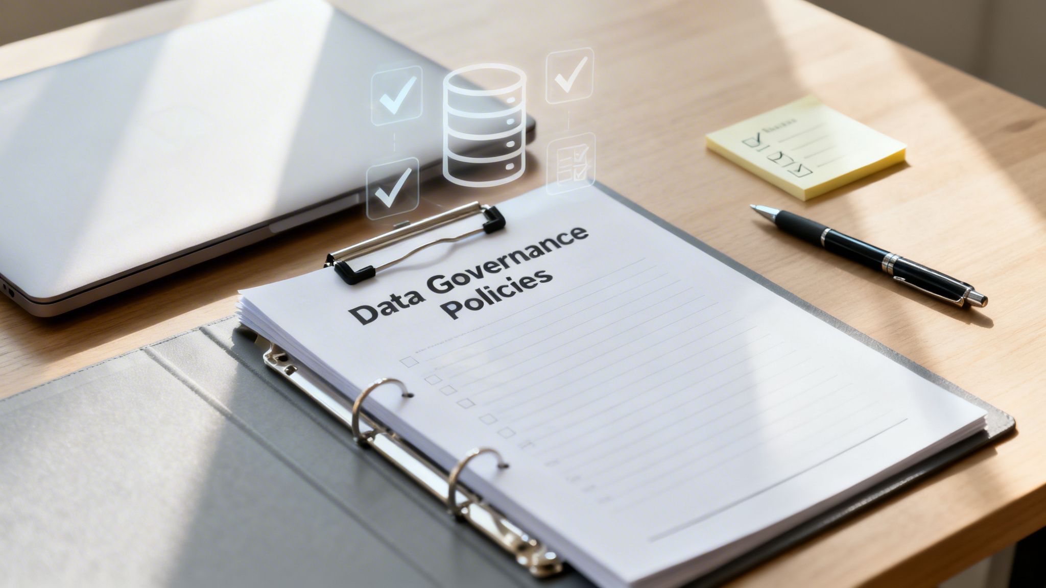 A clipboard with 'Data Governance Policies' next to a laptop, pen, and digital database icons.