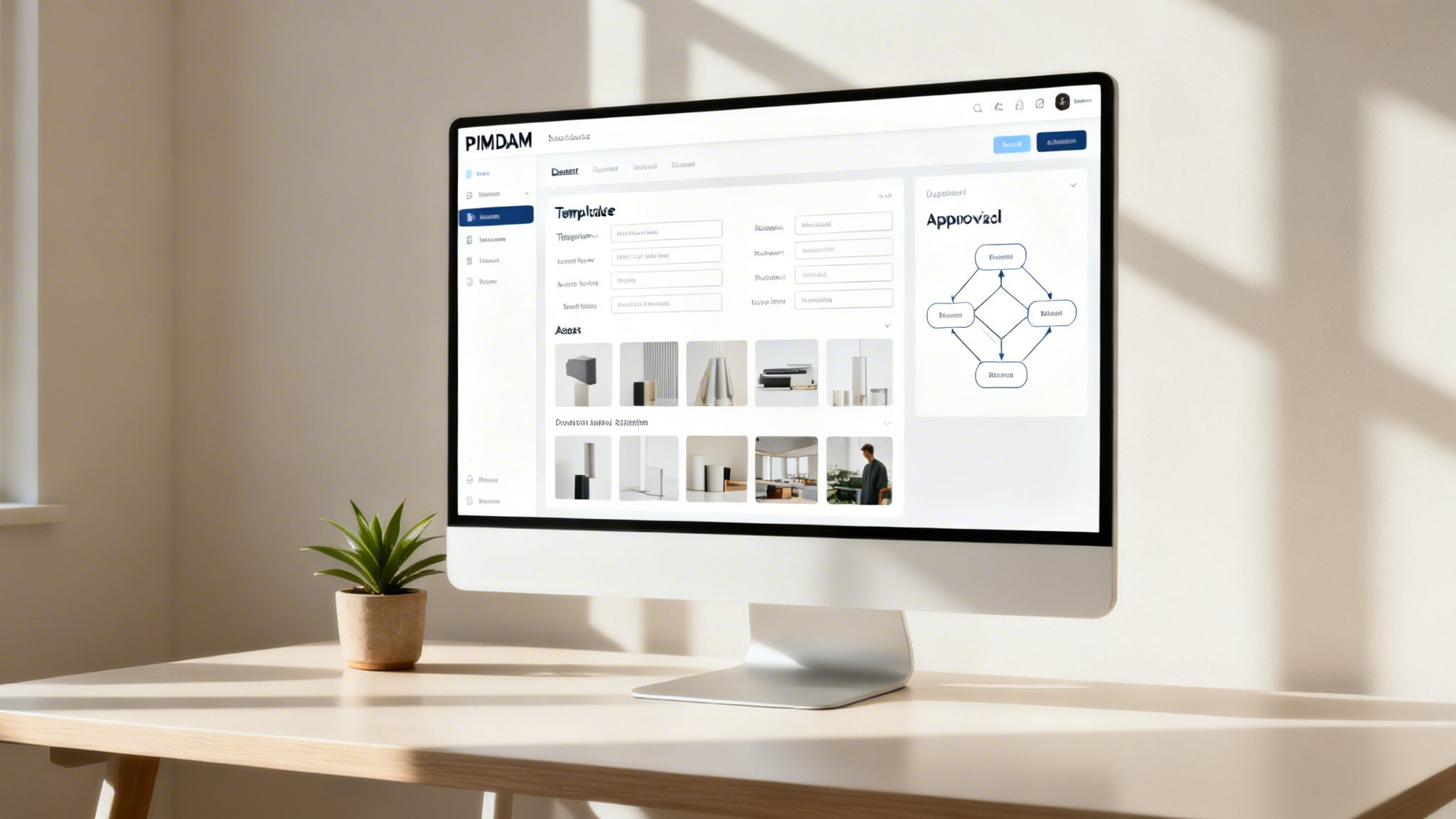 PIMDAM software on a monitor showing product information management, digital assets, and approval workflow.