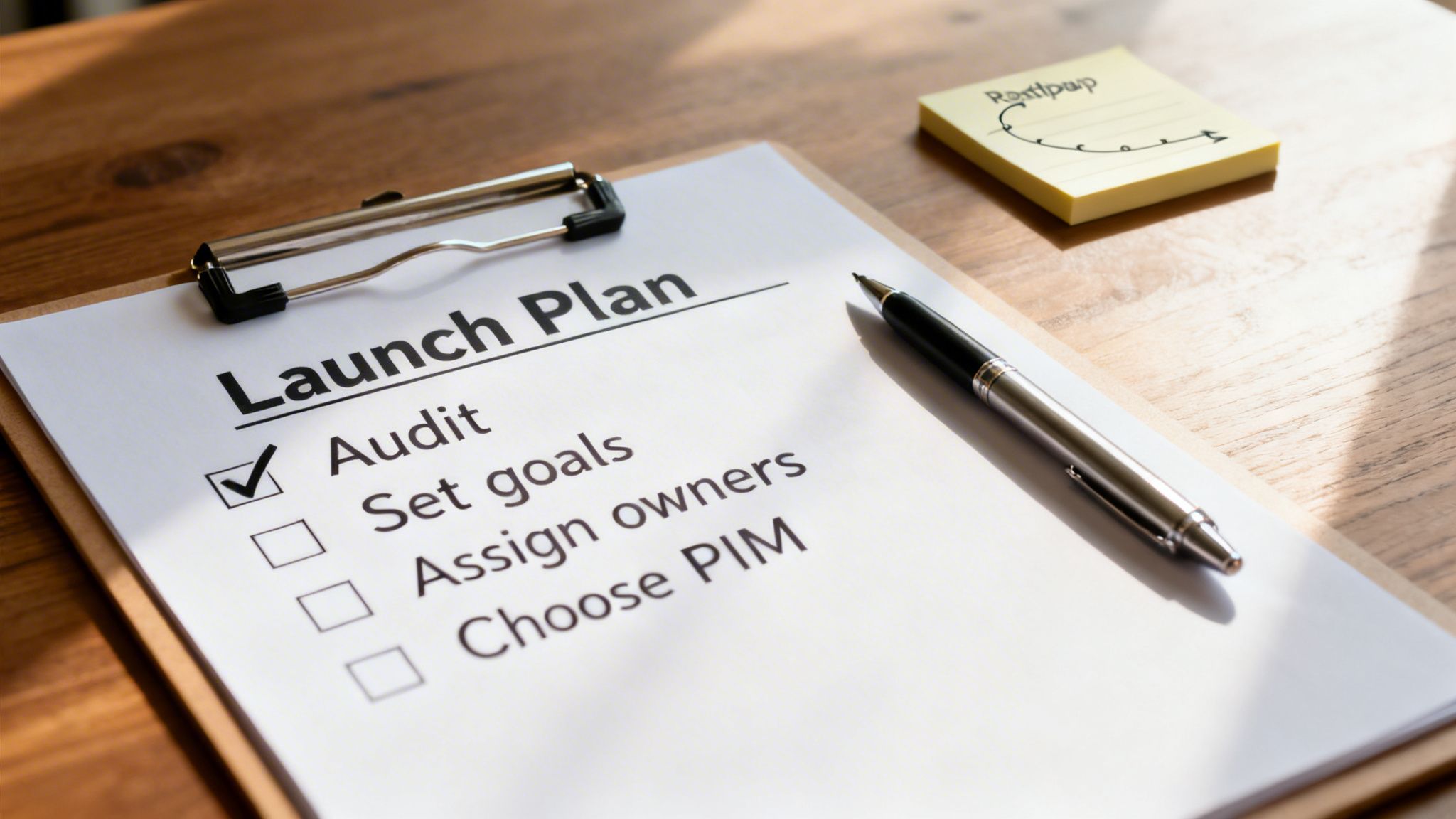 A 'Launch Plan' checklist on a clipboard with 'Audit' checked, and a pen on a wooden desk.