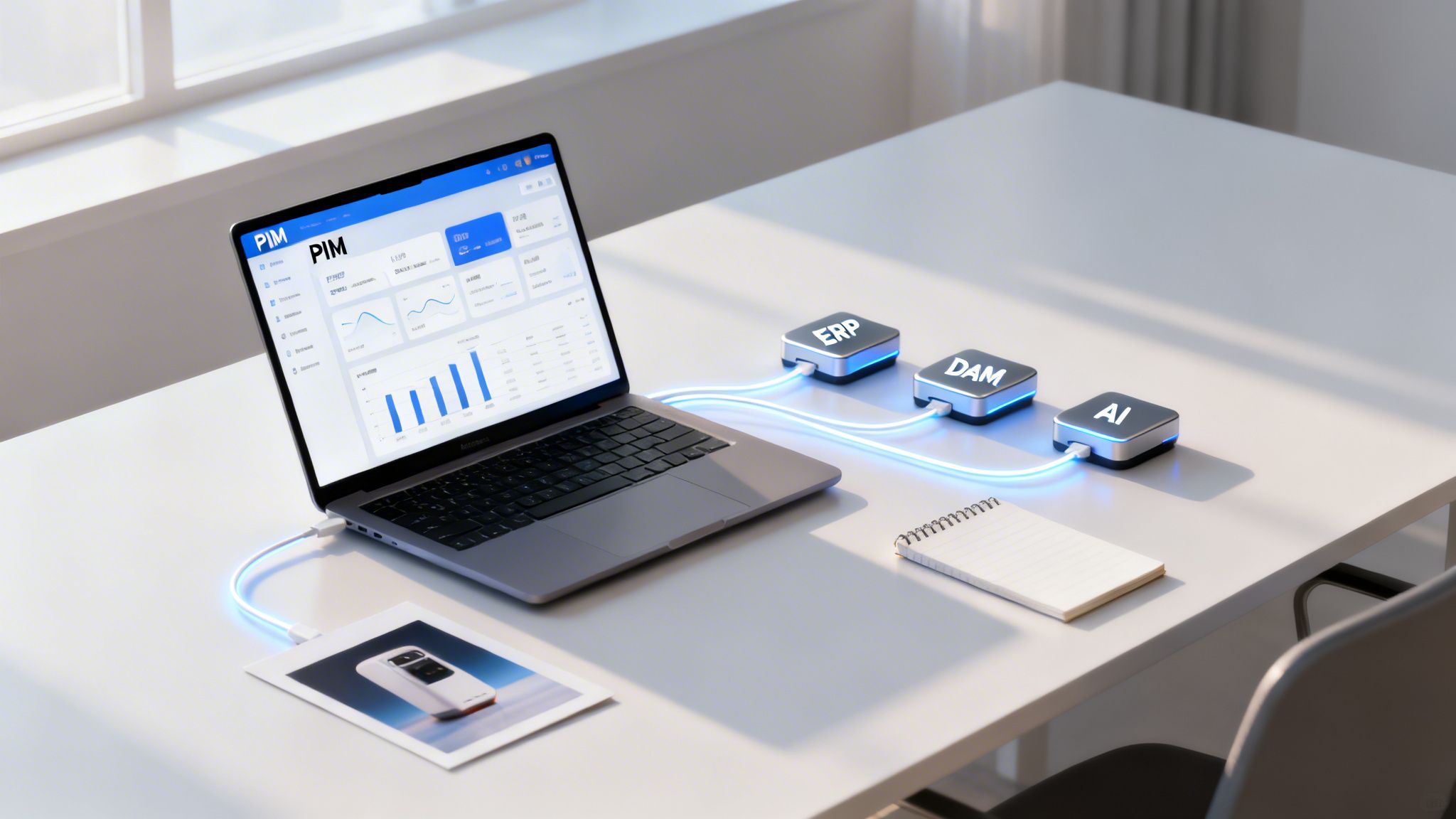 Laptop displaying a PIM dashboard connected to ERP, DAM, and AI integration modules on a desk.