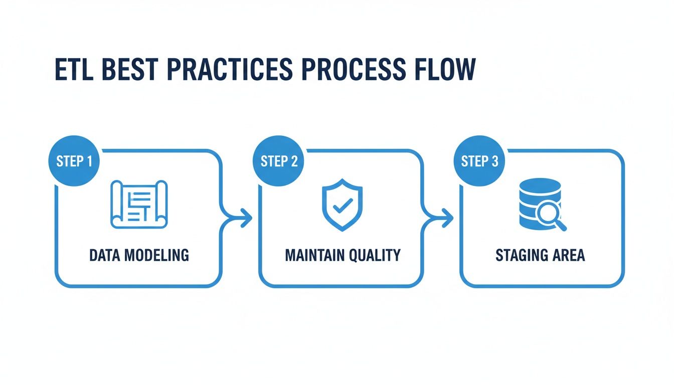 An ETL best practices process flow diagram with three steps: Data Modeling, Maintain Quality, Staging Area.