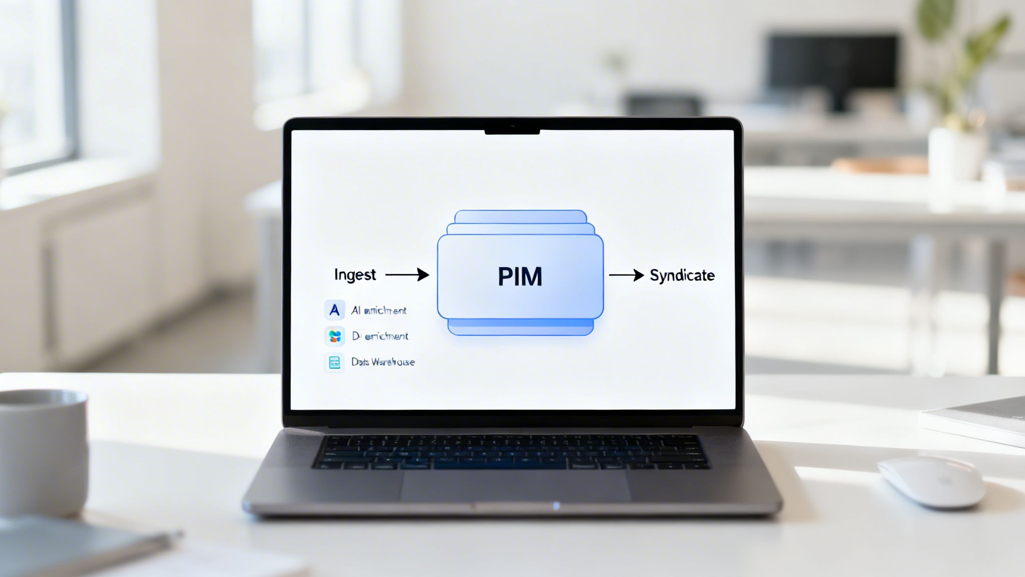 A laptop on a desk displaying a PIM data pipeline diagram with Ingest, PIM, and Syndicate.