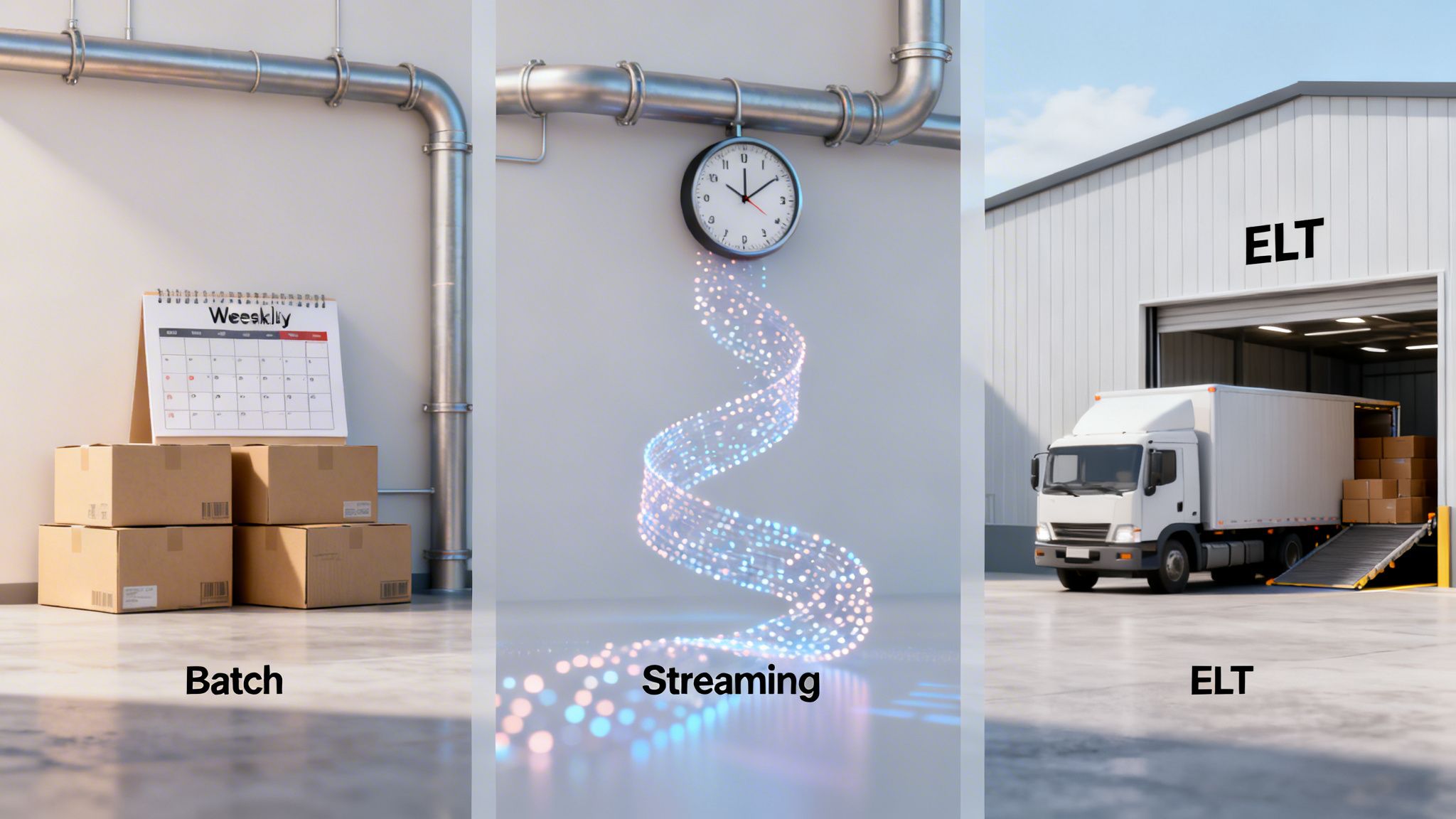 A visual comparison of data processing methods: batch, streaming, and ELT pipelines.