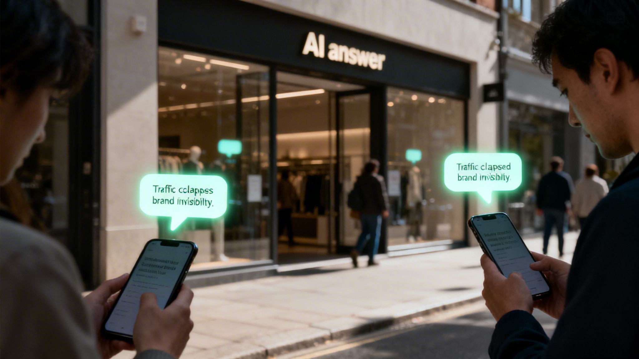 Two people use smartphones on a city street, interacting with augmented reality data over a retail store.
