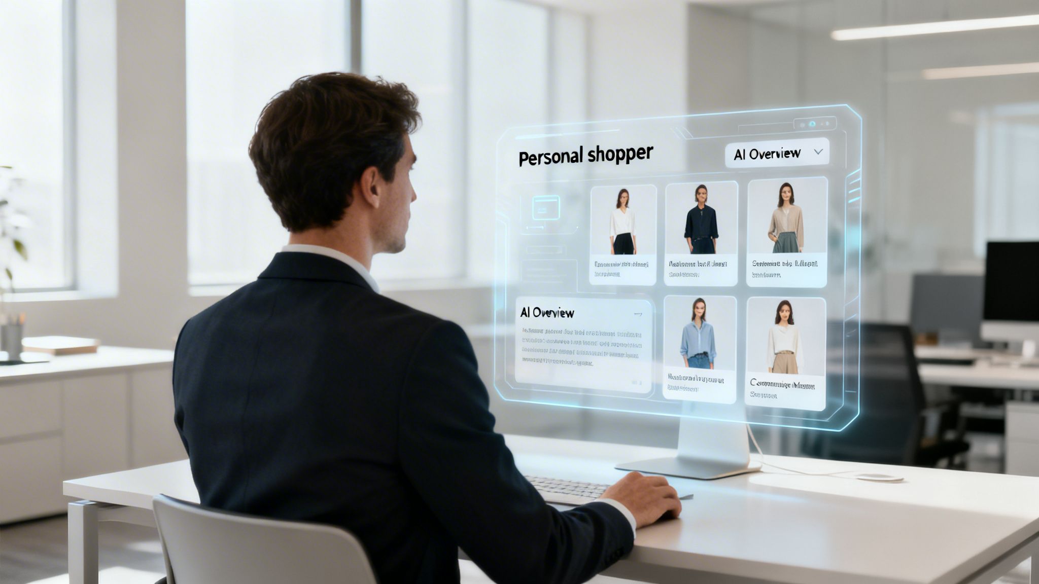 A man in a suit uses a computer with a holographic AI personal shopper interface displaying fashion models.
