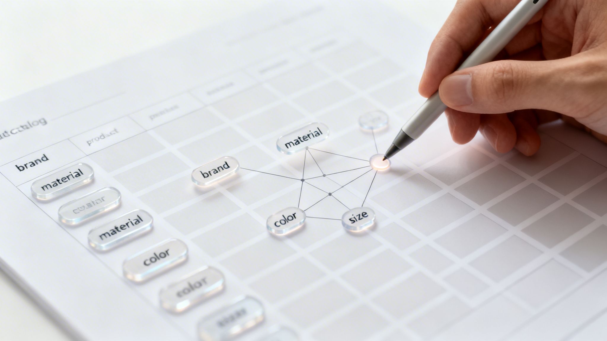 Hand using a stylus on an interactive data interface for product content optimization.