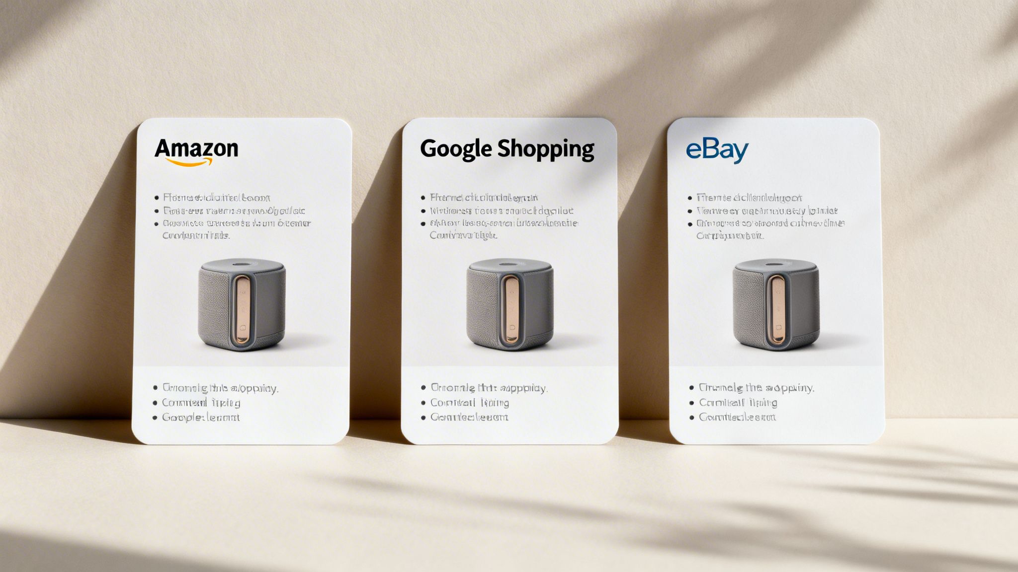 Three white cards displaying Amazon, Google Shopping, and eBay logos with modern gray speakers.
