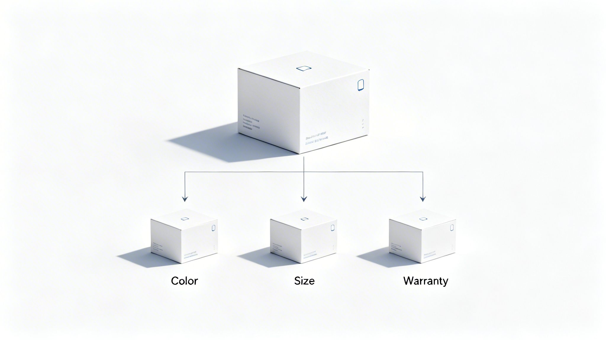A large white box leads to three smaller white boxes labeled Color, Size, and Warranty, illustrating product variations.