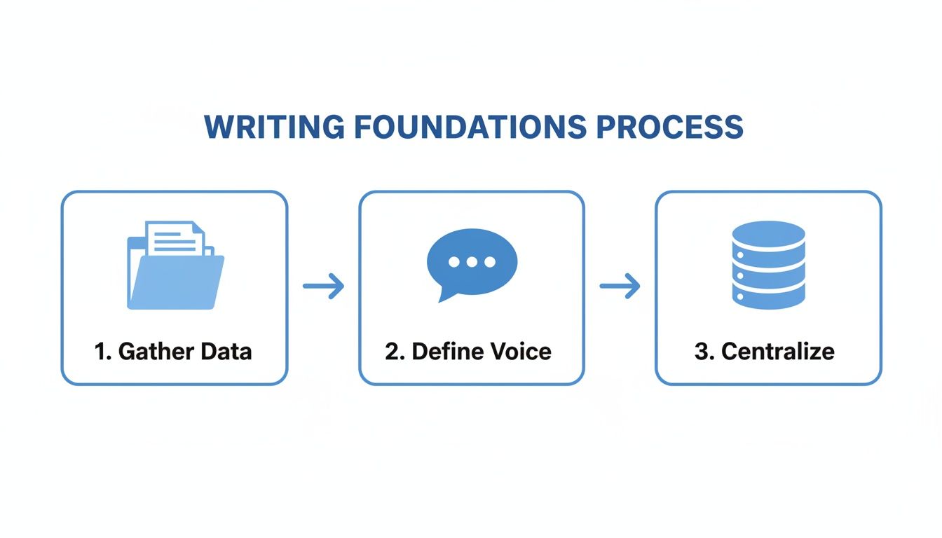 A three-step writing foundations process: 1. Gather Data, 2. Define Voice, 3. Centralize.