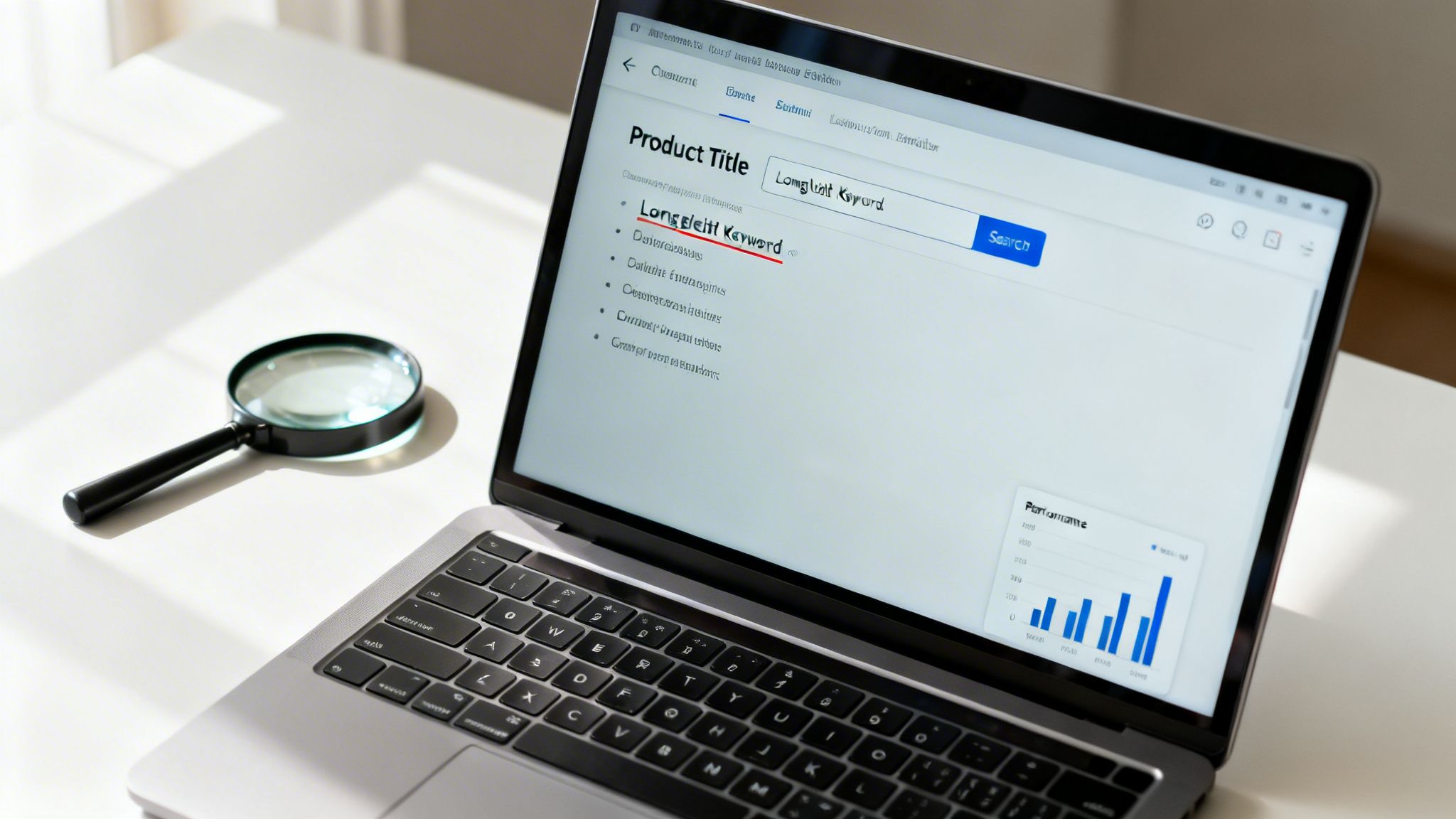 A laptop showing a keyword research interface for 'Long tail Keyword' next to a magnifying glass.