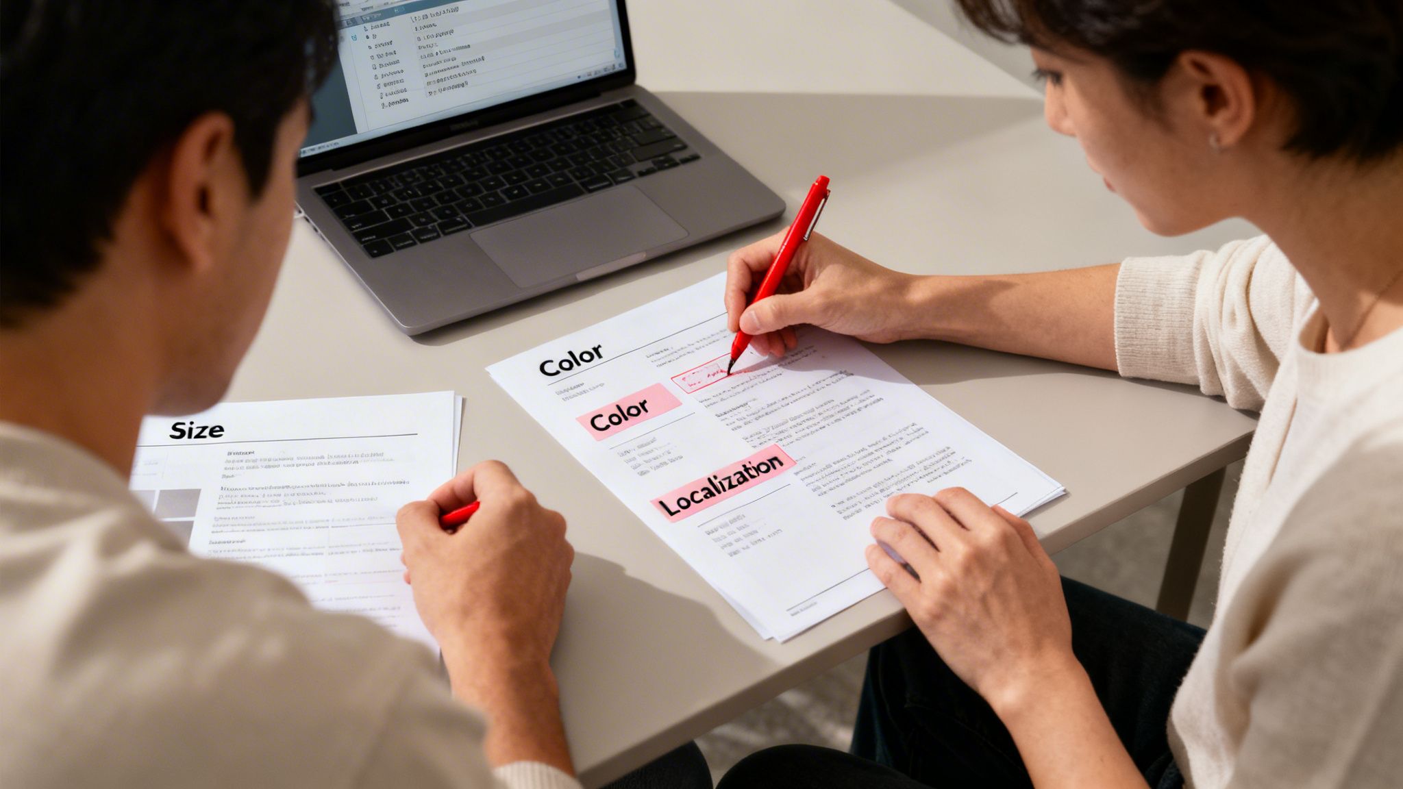 Two people collaboratively reviewing documents about product features like color and size, with a laptop nearby.